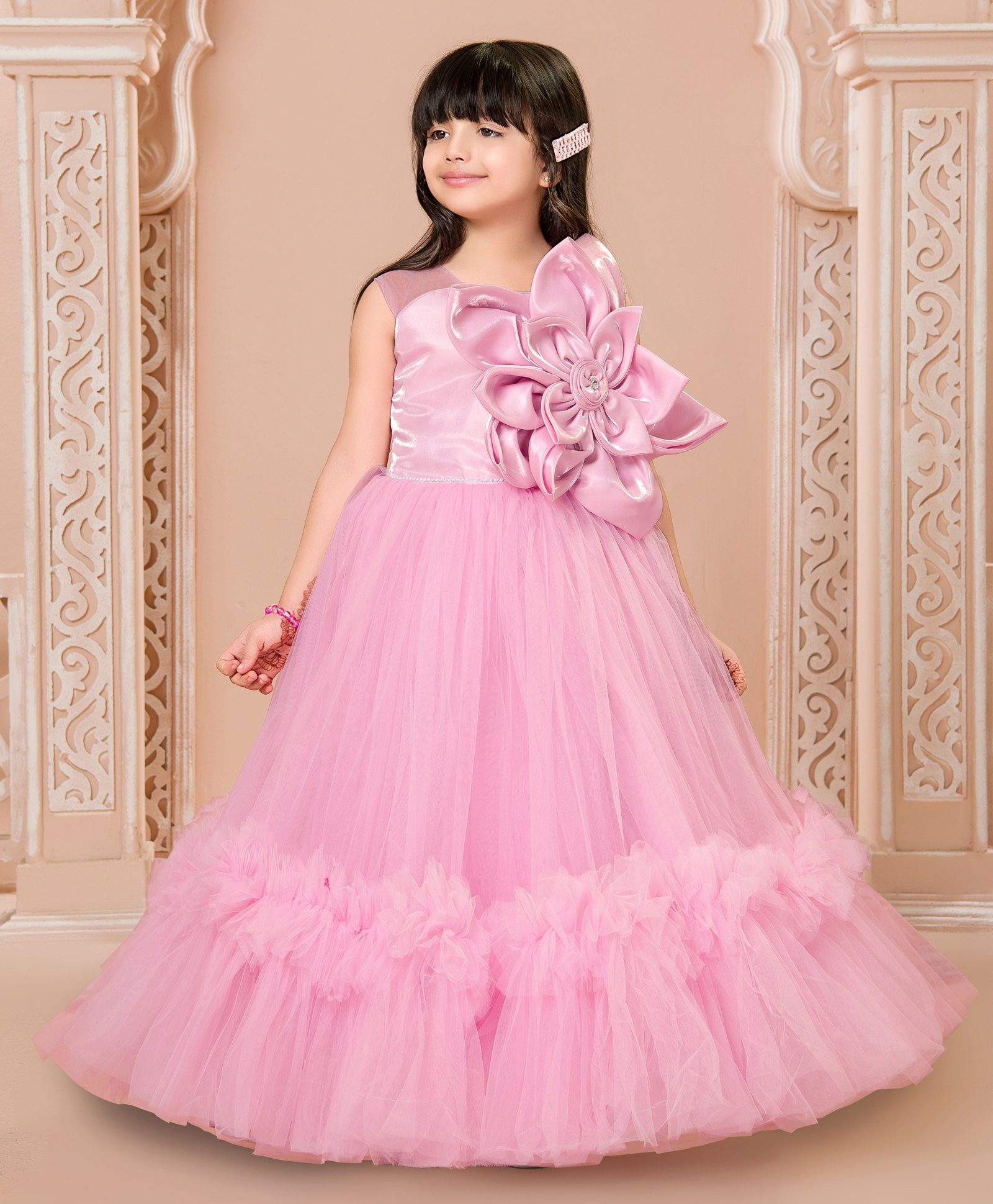 Ministitch Net Woven Sleeveless Floral Applique & Ruffle Detailed Gown - Pink-image-45
