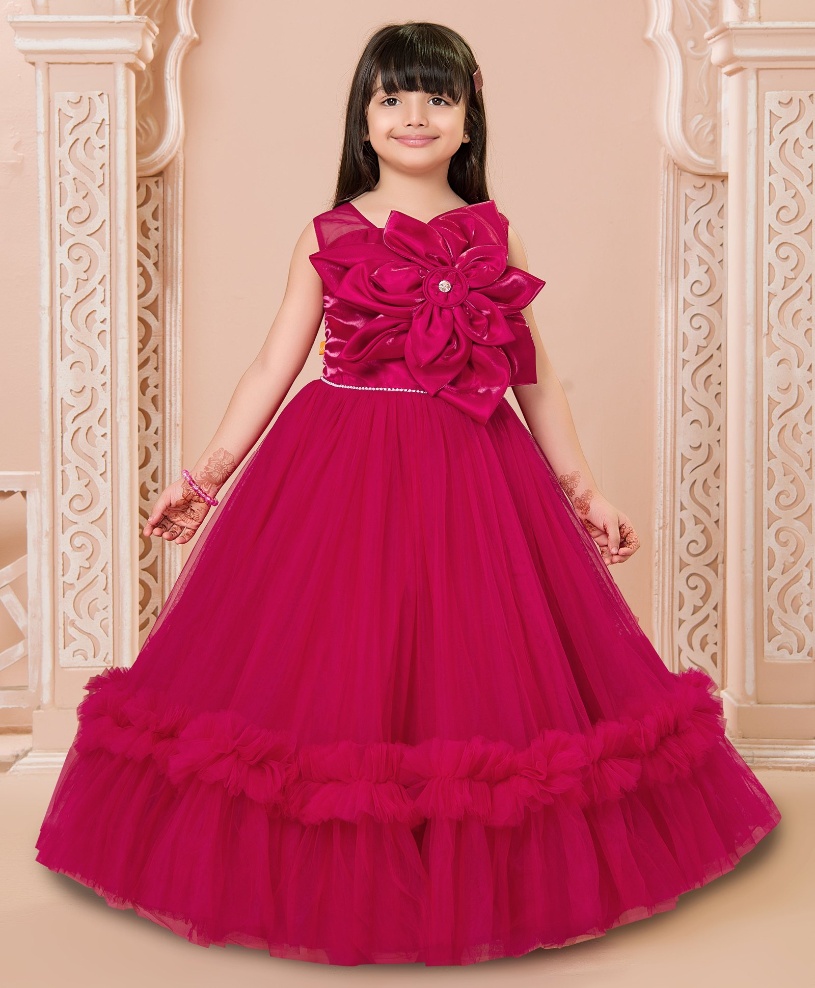 Ministitch Net Woven Sleeveless Floral Applique & Ruffle Detailed Gown - Crimson Red