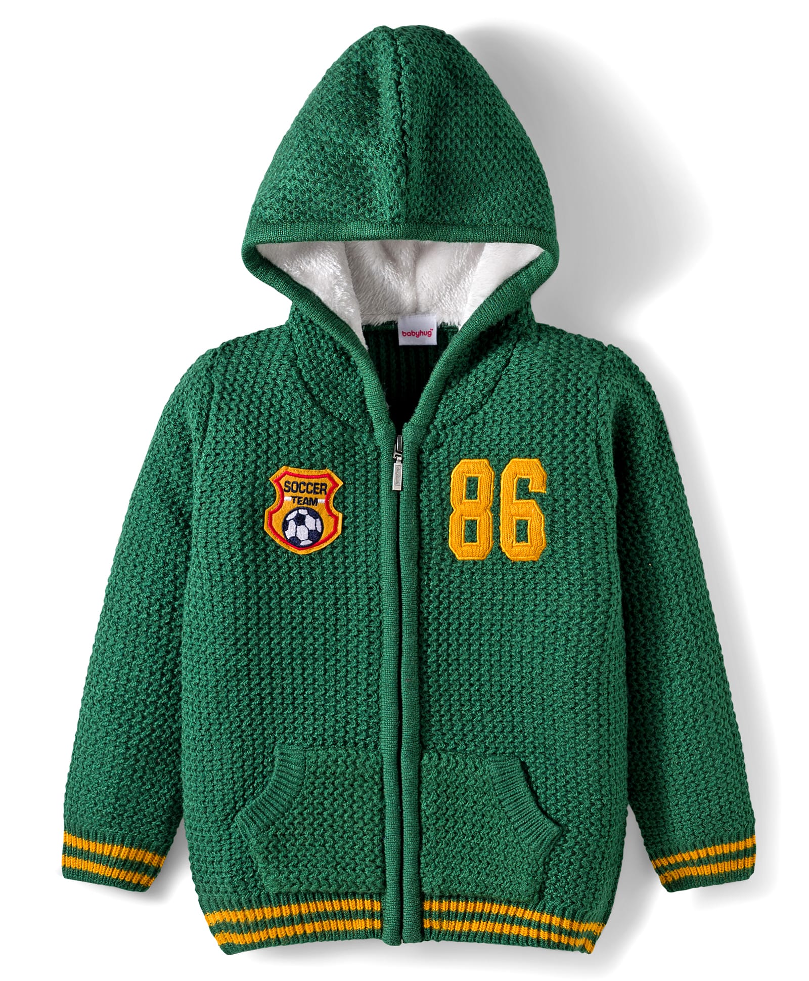 Babyhug Knit Full Sleeves Hooded Front Open Sweater with Patch Detailing & Kangaroo Pocket - Green-picture-22