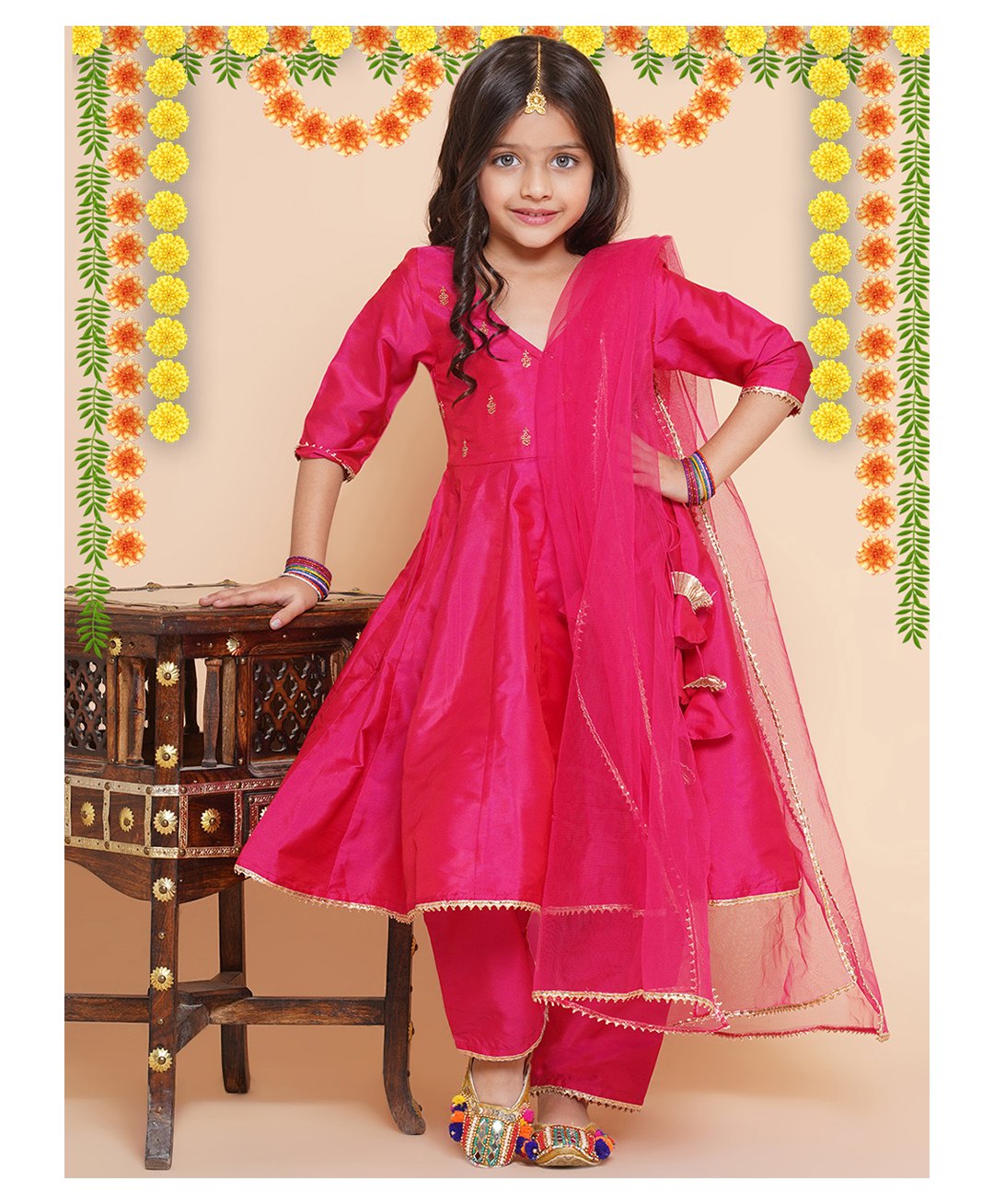 Bitiya By Bhama Silk Woven Three Fourth Sleeves Floral Embroidered Kurta & Pant With Dupatta Set - Pink-image-28