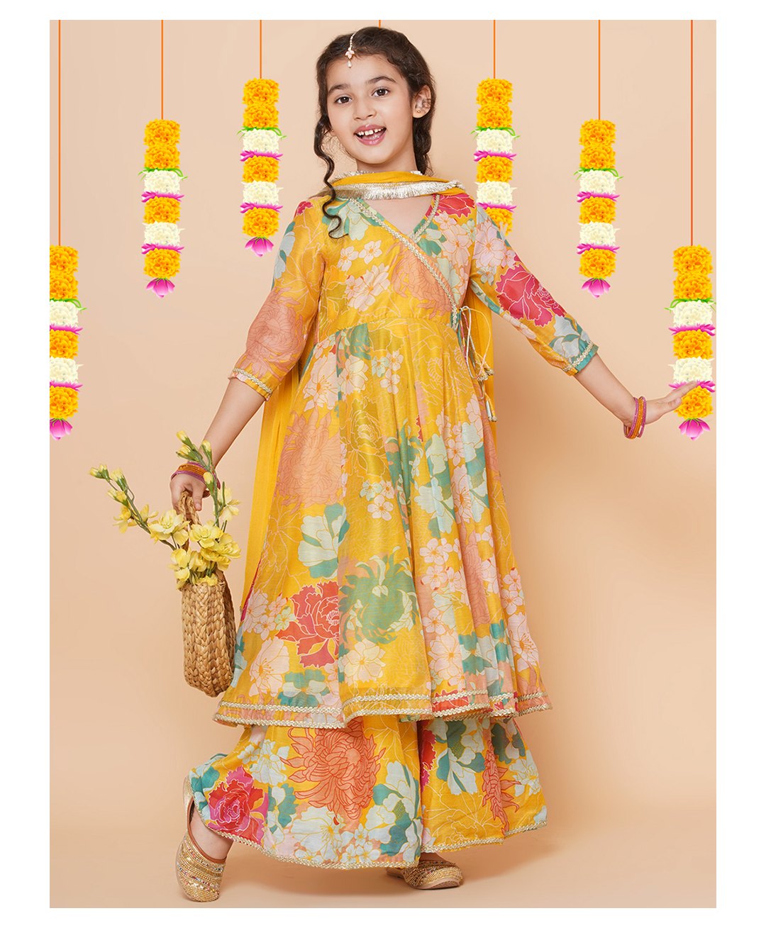 Bitiya By Bhama Silk Woven Three Fourth Sleeves Floral Printed Kurta & Sharara With Dupatta Set - Yellow-image-30