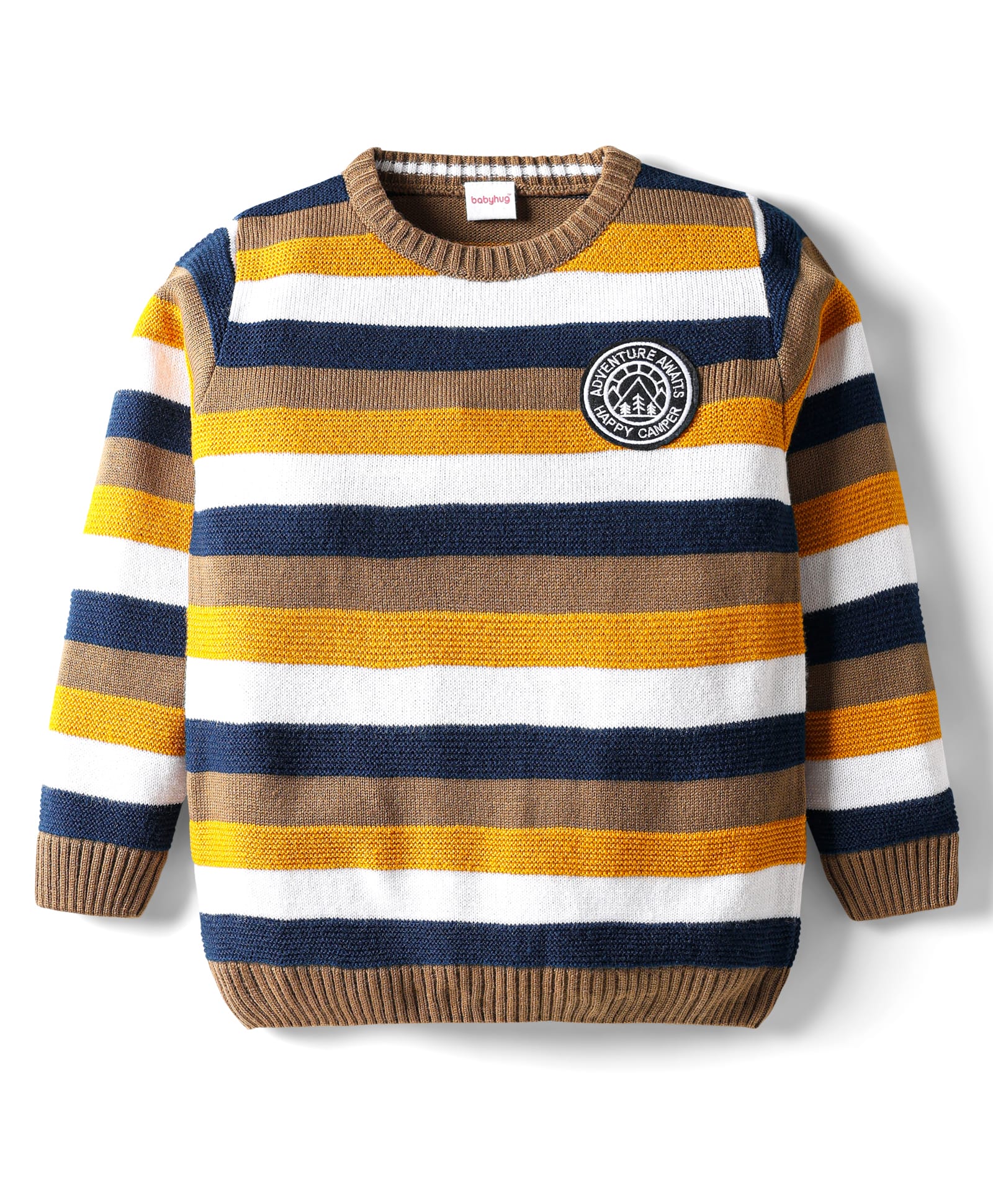 Babyhug Knitted Full Sleeves Striped Pullover Sweater With Patch Detailing - Mustard & Navy Blue-image-31