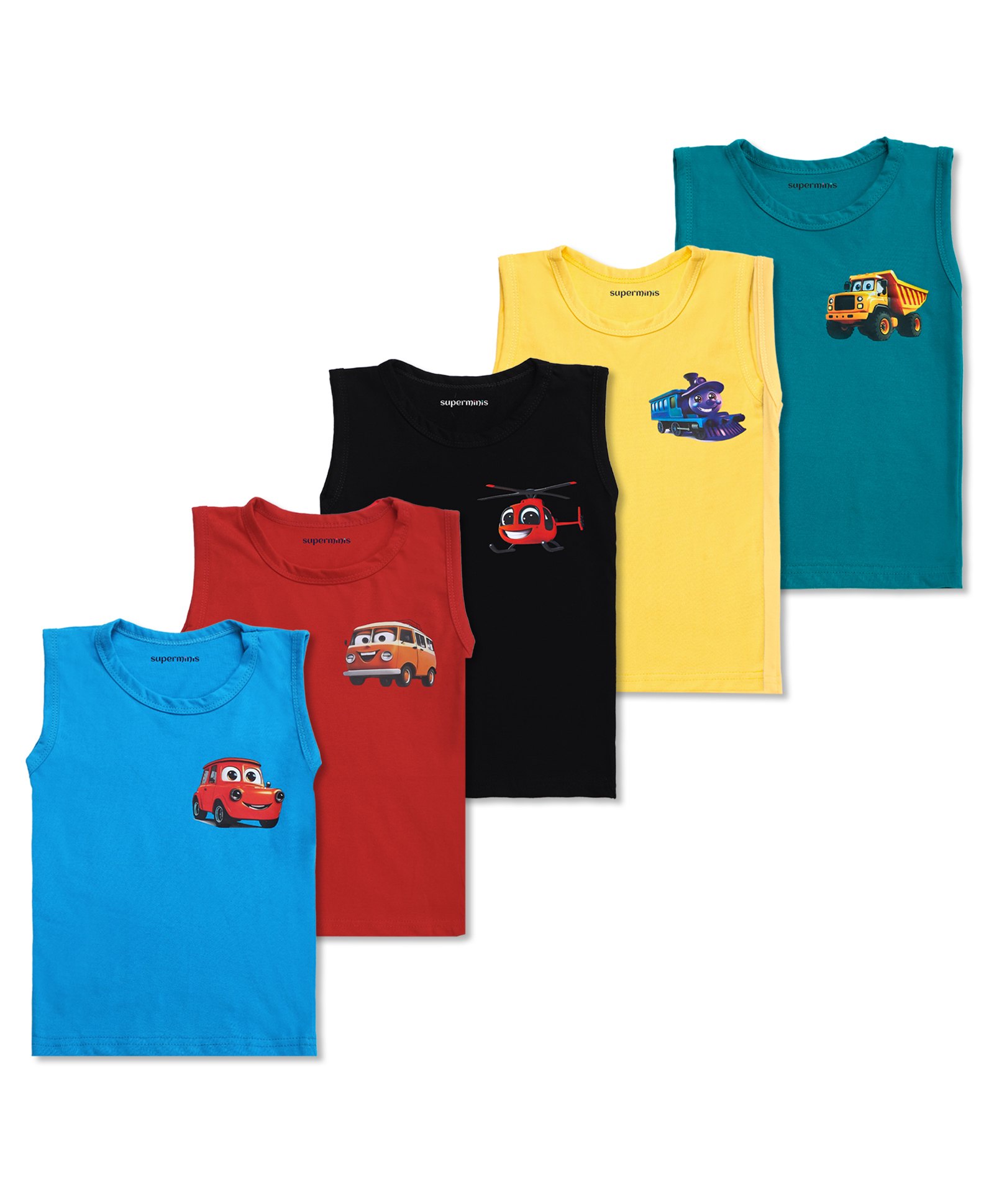 Superminis Cotton Woven Pack Of 5 Sleeveless Vehicles Printed Vests - Red Black Yellow Sky & Teal Blue-picture-23