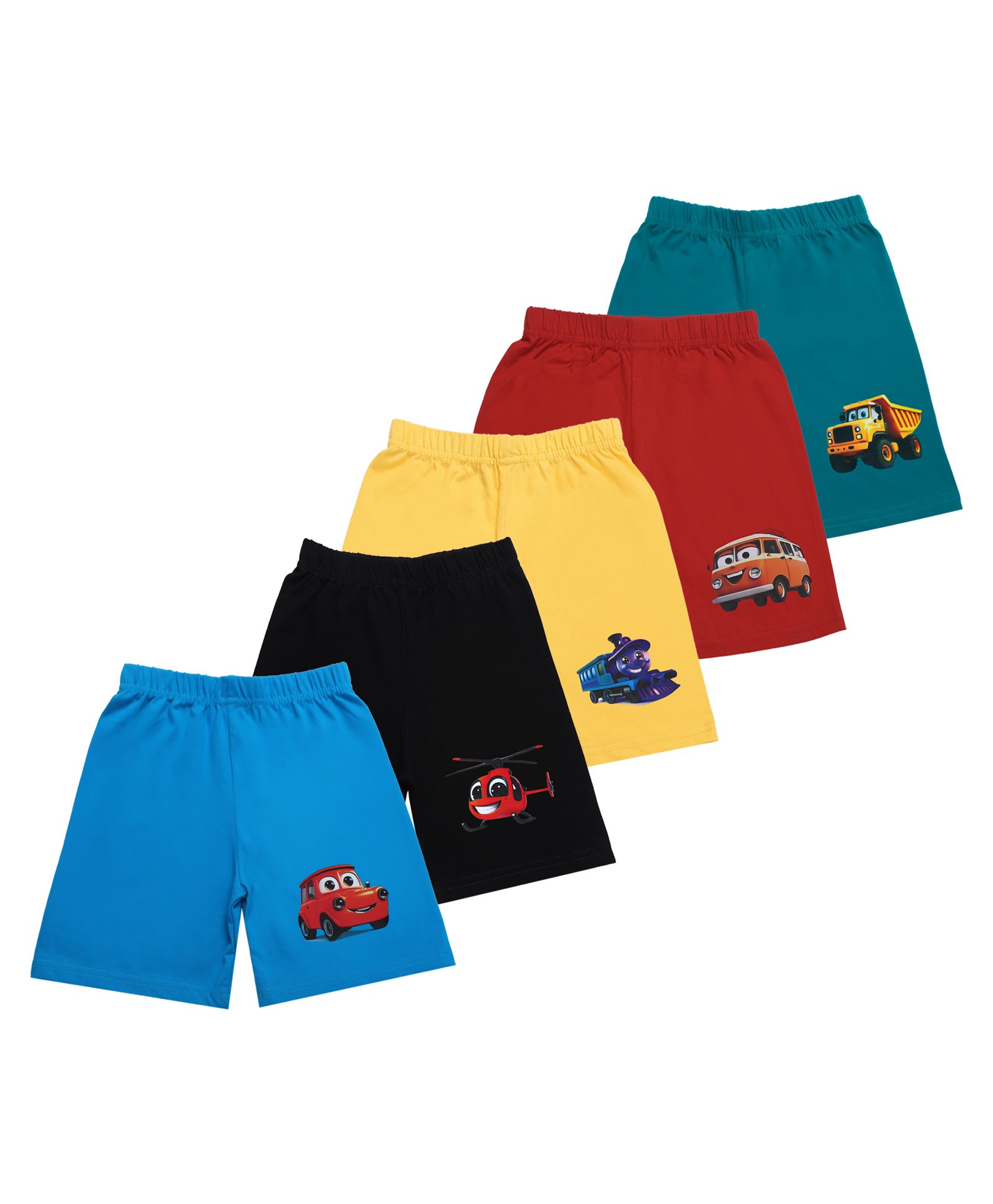 Superminis Cotton Blend Woven Pack Of 5 Vehicles Printed Shorts - Red Black Yellow Sky & Teal Blue-picture-25