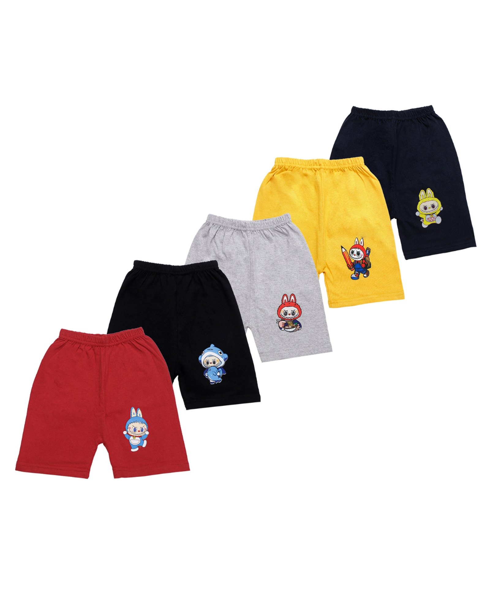 Superminis Cotton Blend Woven Pack Of 5 Cartoon Printed Shorts - Red Black Navy Blue & Grey-picture-24