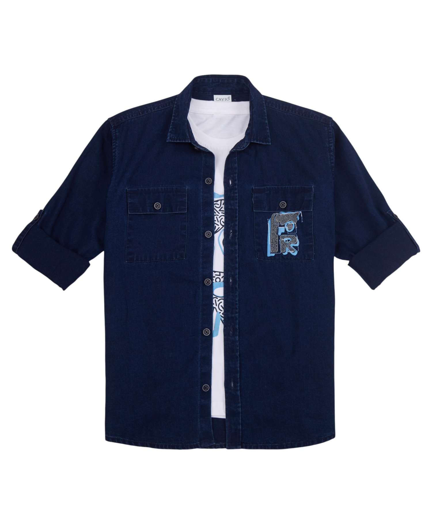 CAVIO Cotton Woven Full Sleeves Fr Text Printed Shirt With Inner Tee - Navy Blue-image-22