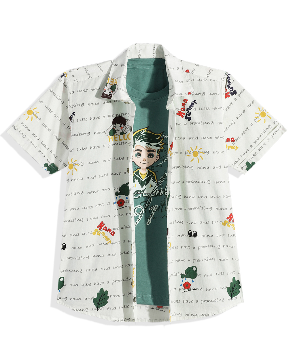 CAVIO Cotton Woven Half Sleeves Boy & Typography Printed Shirt & Tee - Green-picture-12