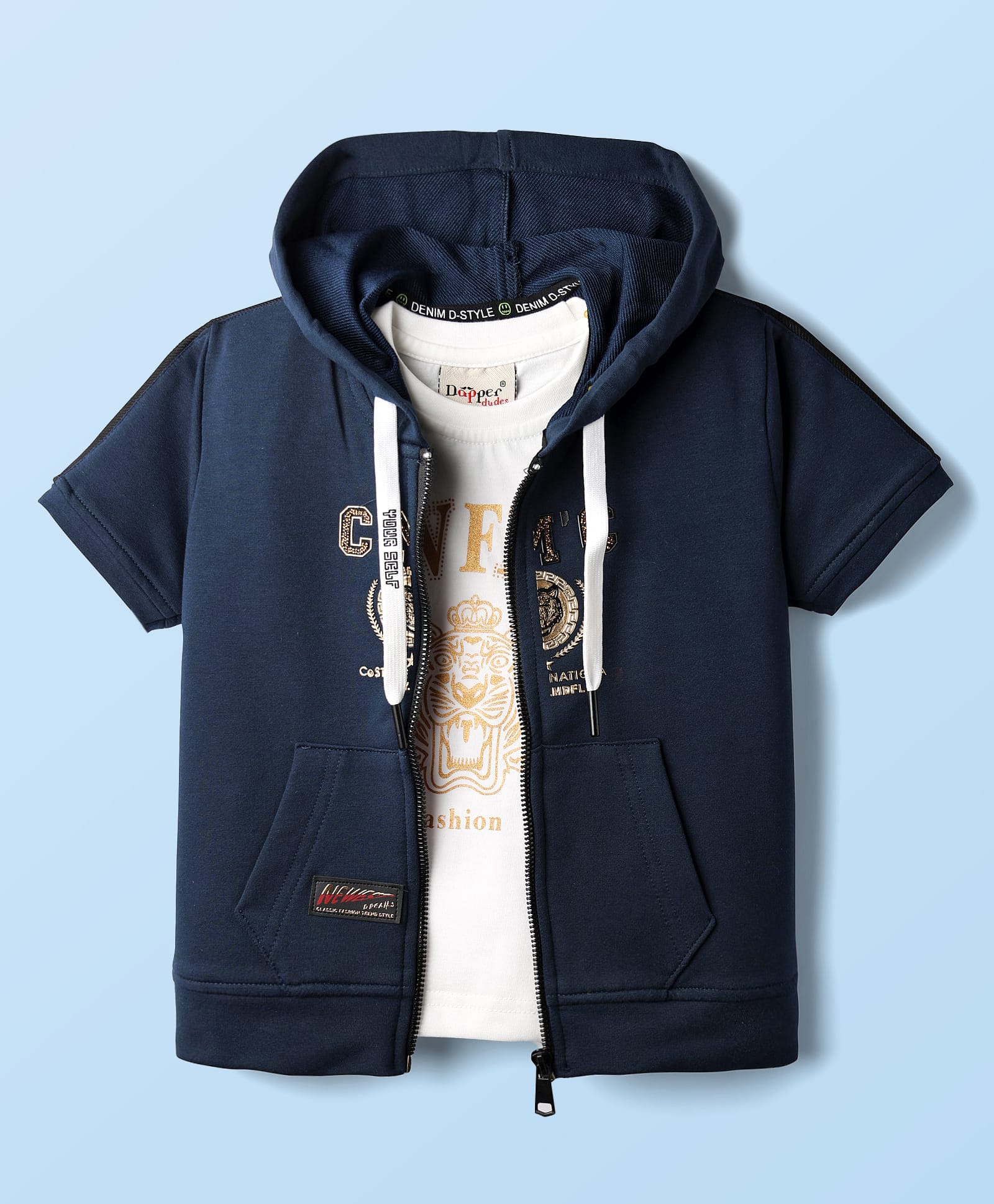 Dapper Dudes Half Sleeves Tiger Foil Printed Hooded Jacket With Tee - Teal Blue-image-37