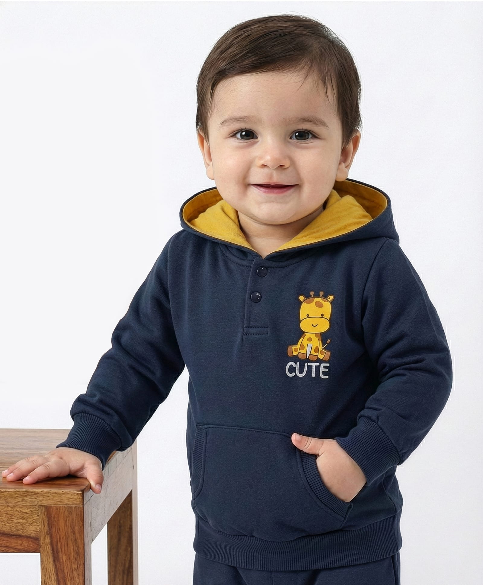 Doodle Poodle 100% Cotton Looper Knit Full Sleeves Hooded Sweatshirt With Giraffe Print & Kangaroo Pockets - Navy Blue-picture-13