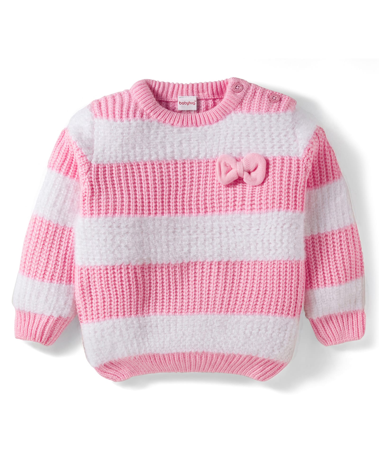 Babyhug Knit Full Sleeves Striped Pullover Sweater with Bow Applique - Pink & White-image-16