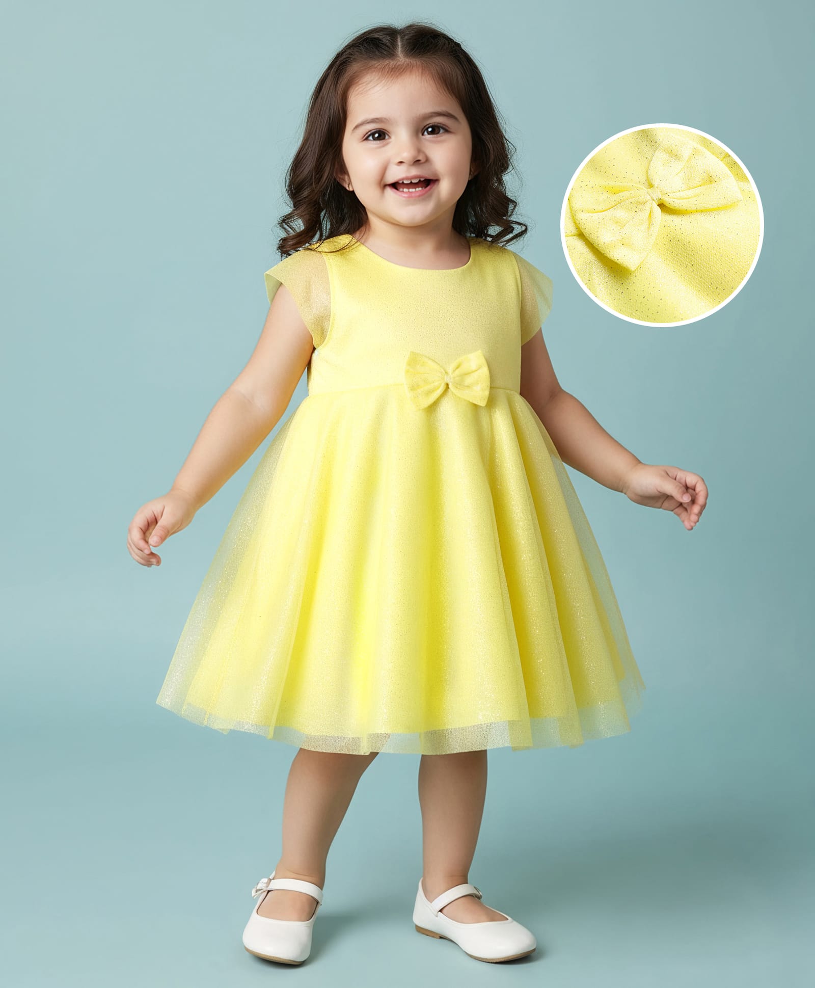 Babyhug Mesh Sleeveless Solid Party Dress With Bow Applique - Yellow-image-21