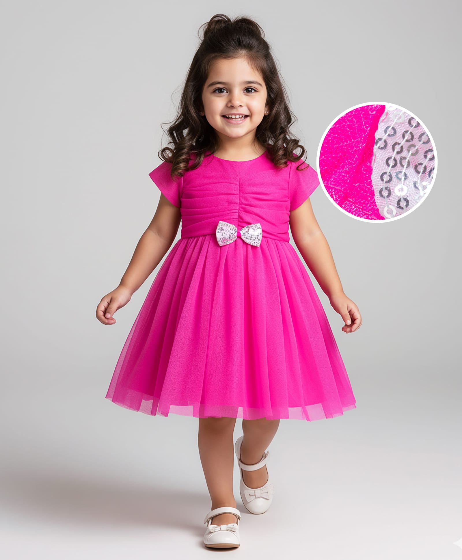 Babyhug Mesh Half Sleeves Solid Party Dress With Sequins Bow Applique - Fuchsia-image-24