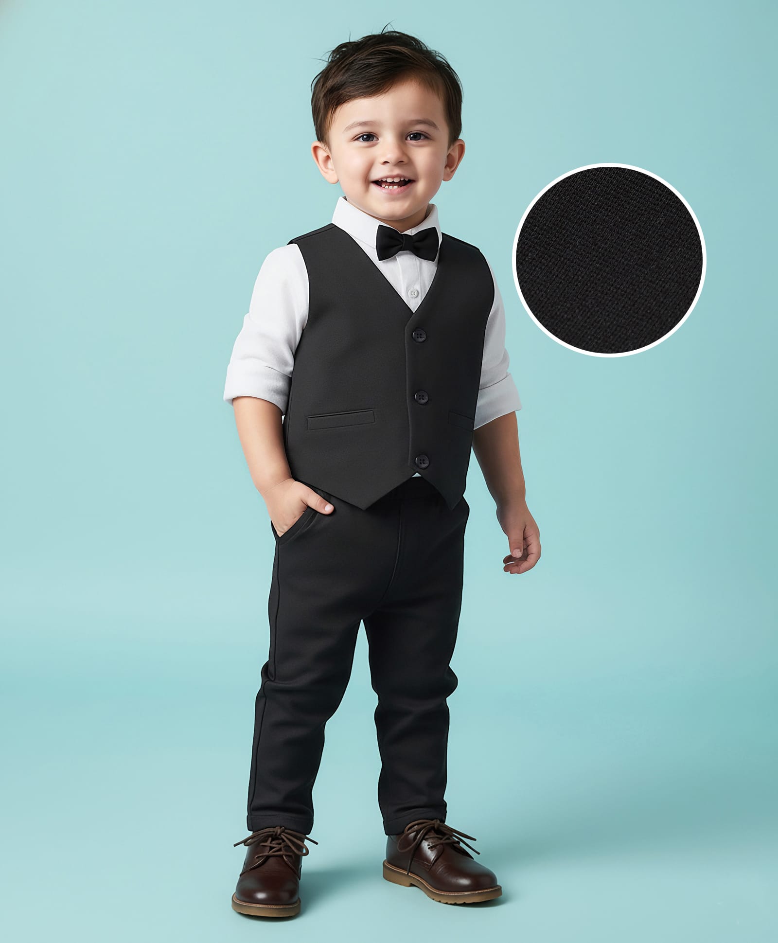 Babyhug Knit Full Sleeves Solid Three Piece Party Suit with Bow - Black-image-2