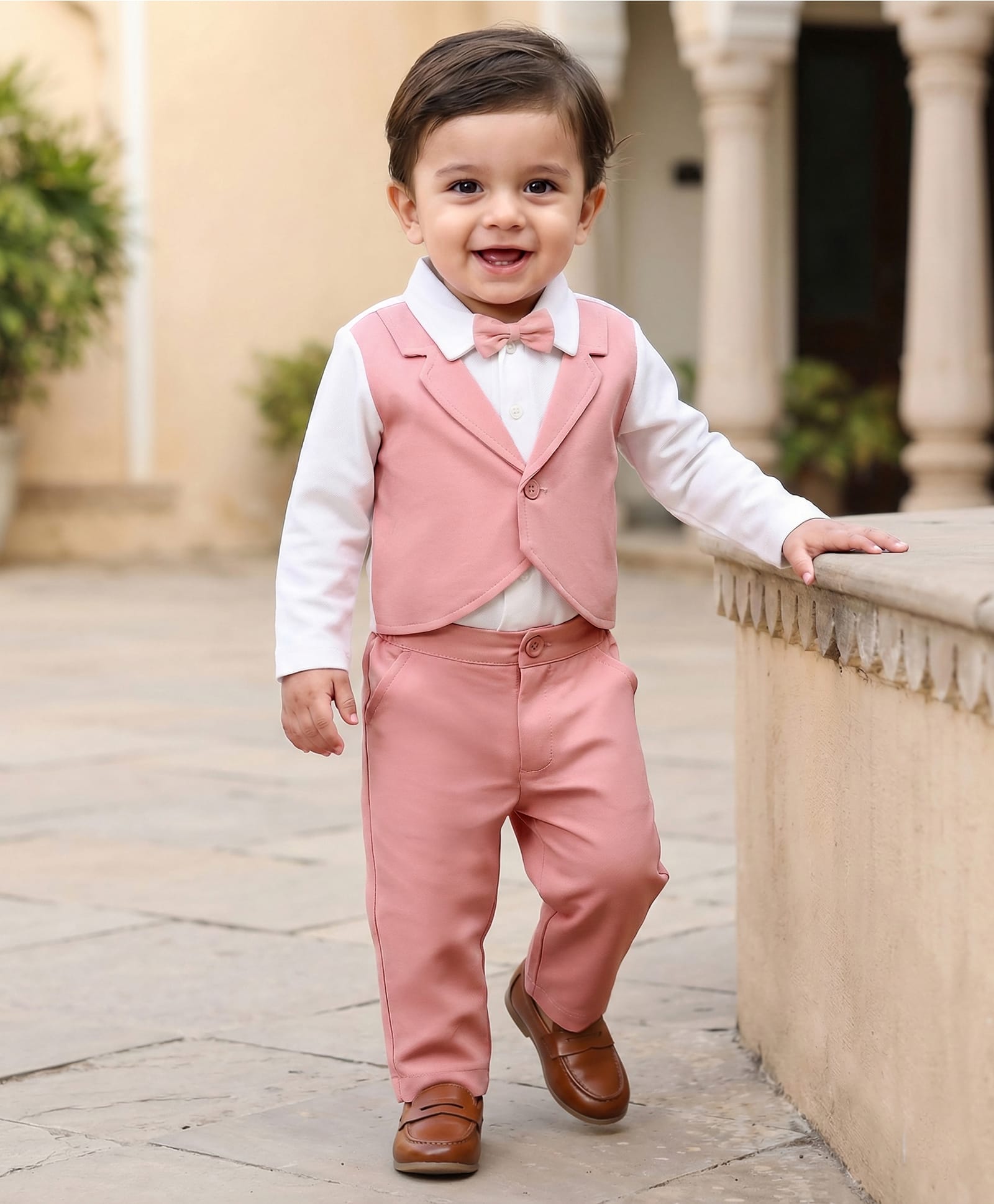 Babyhug Knit Full Sleeves Solid T-Shirt & Pant Set with Attached Waistcoat & Bow Applique - Pink-image-5