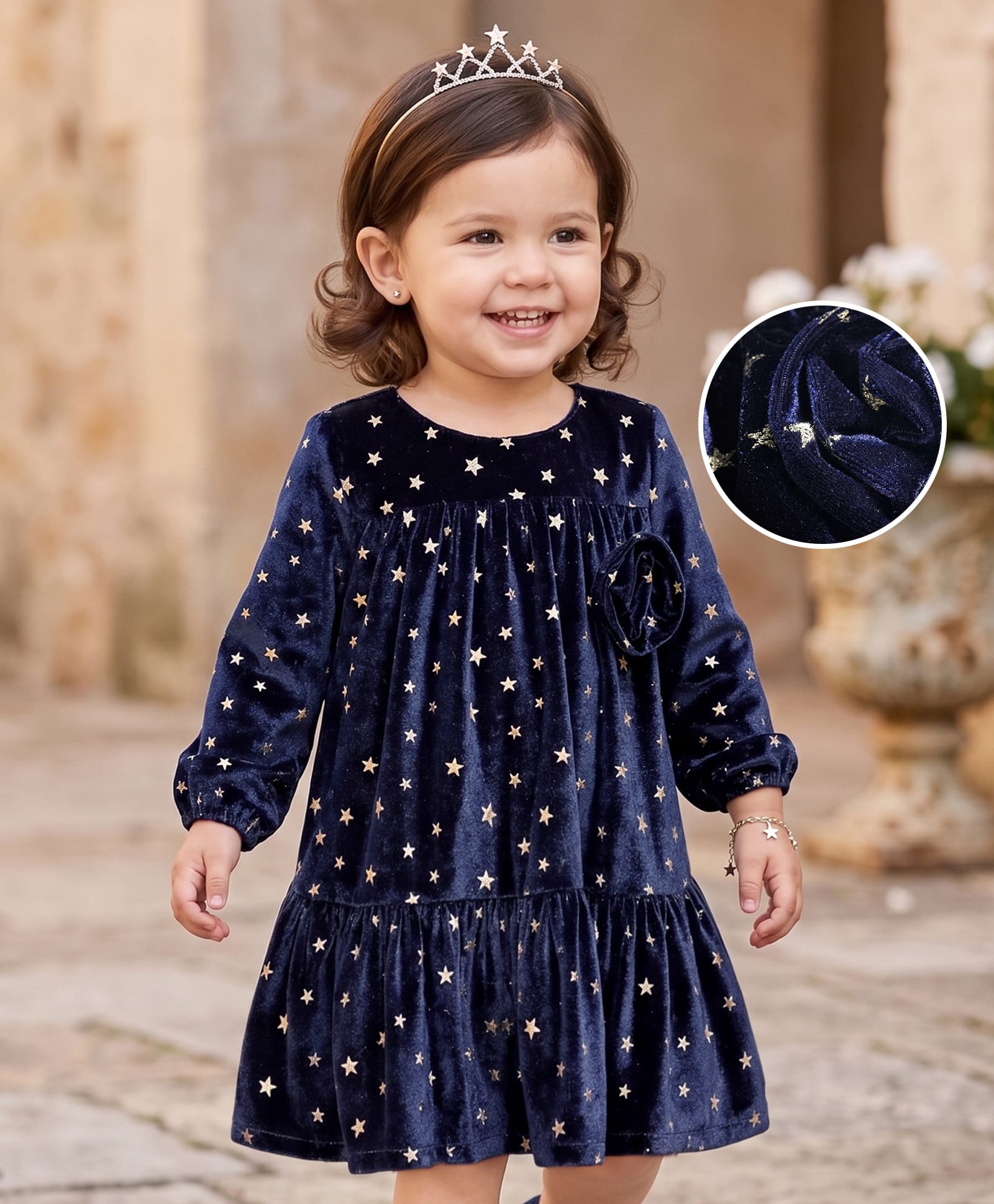 Babyhug Velour Woven Full Sleeves Party Dress With Foil Star Print - Navy Blue-image-41