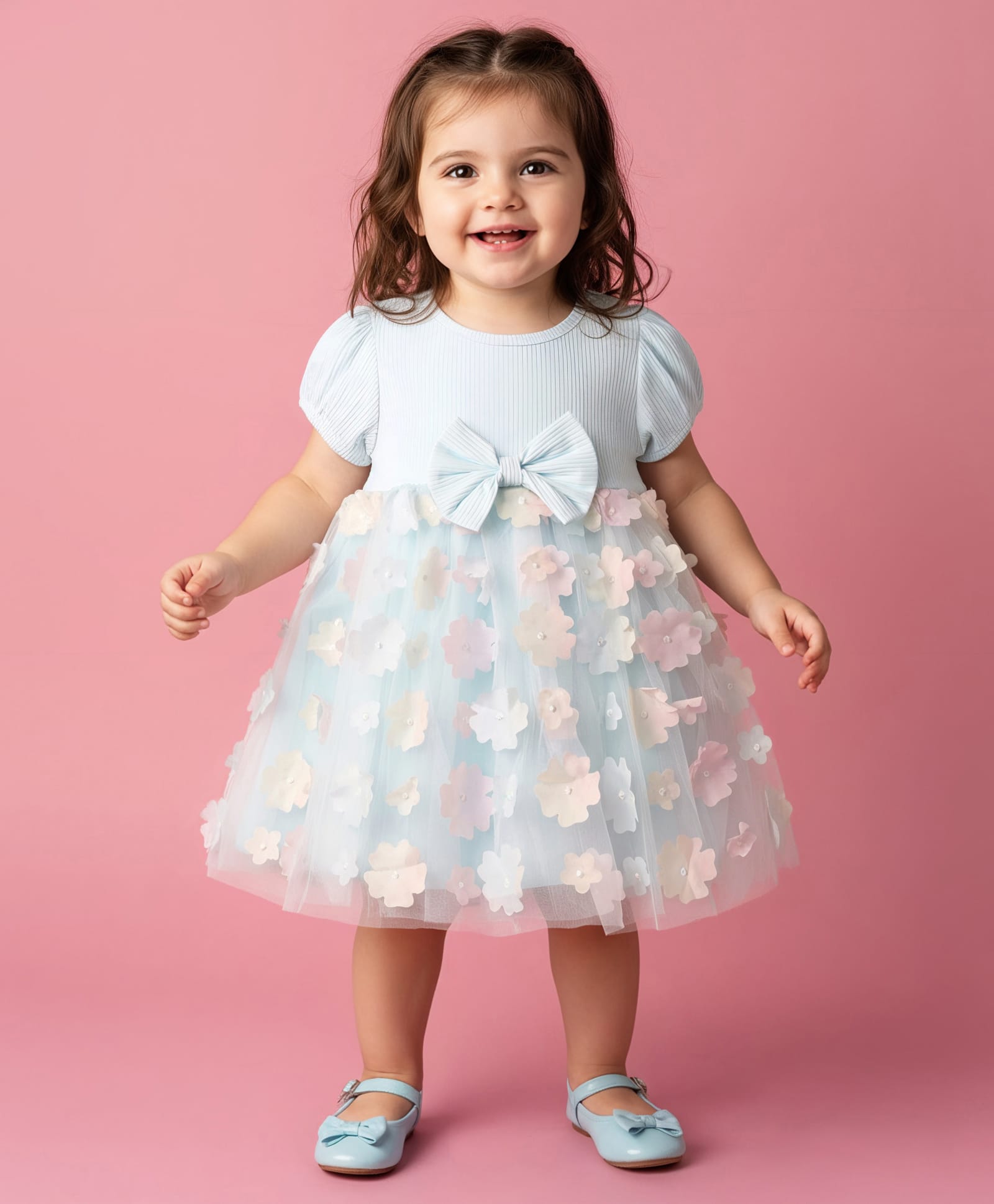 Babyhug Woven Half Puffed Sleeves Flared Partywear Dress With Floral & Bow 3D Applique - Light Blue-image-48