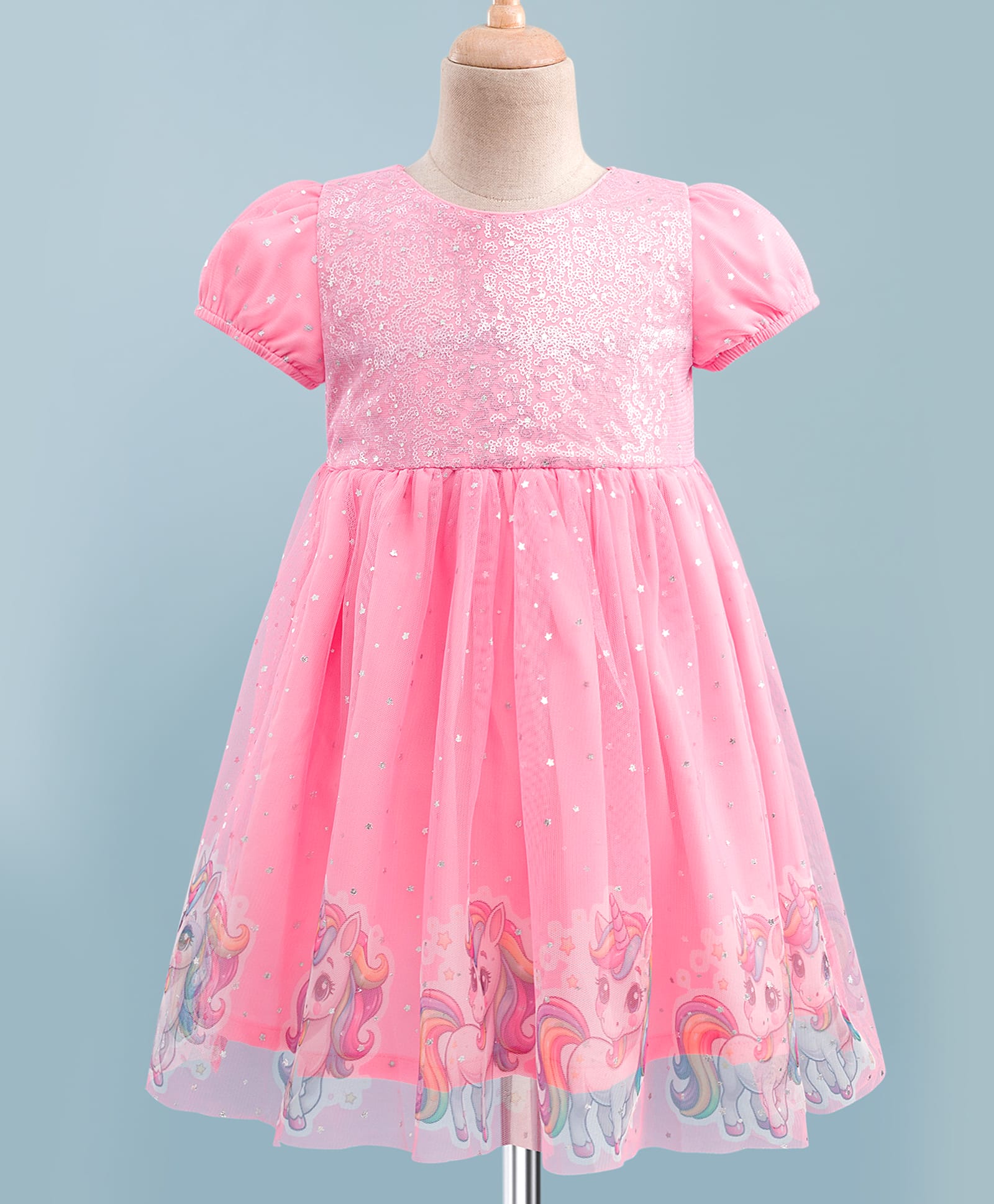 Babyhug Mesh Woven Half Sleeves Flare Dress with Unicorn Print - Pink-image-3
