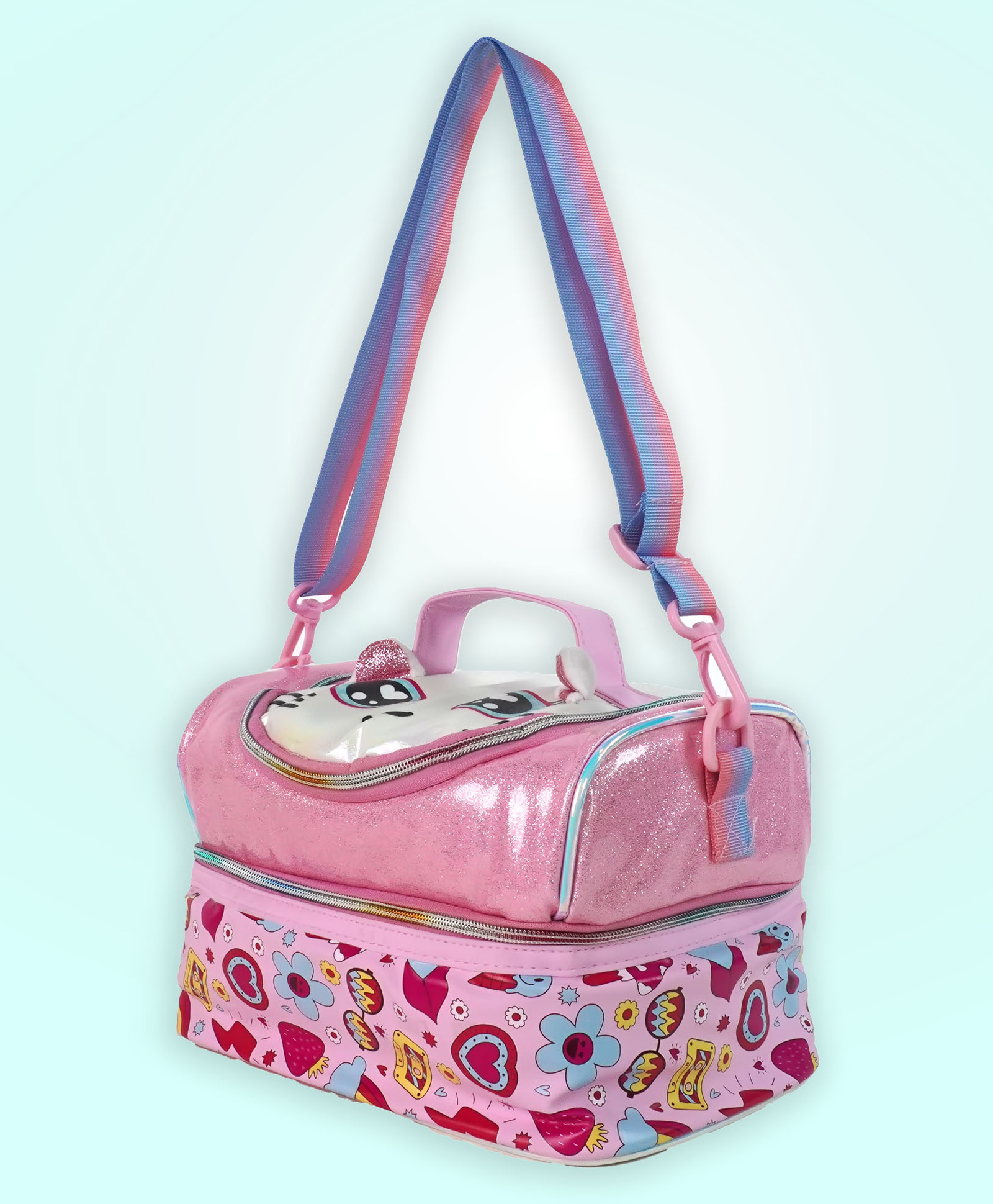 Little Surpise Box Cat Theme Double Compartment Insulated Lunch Bag - Pink-image-12