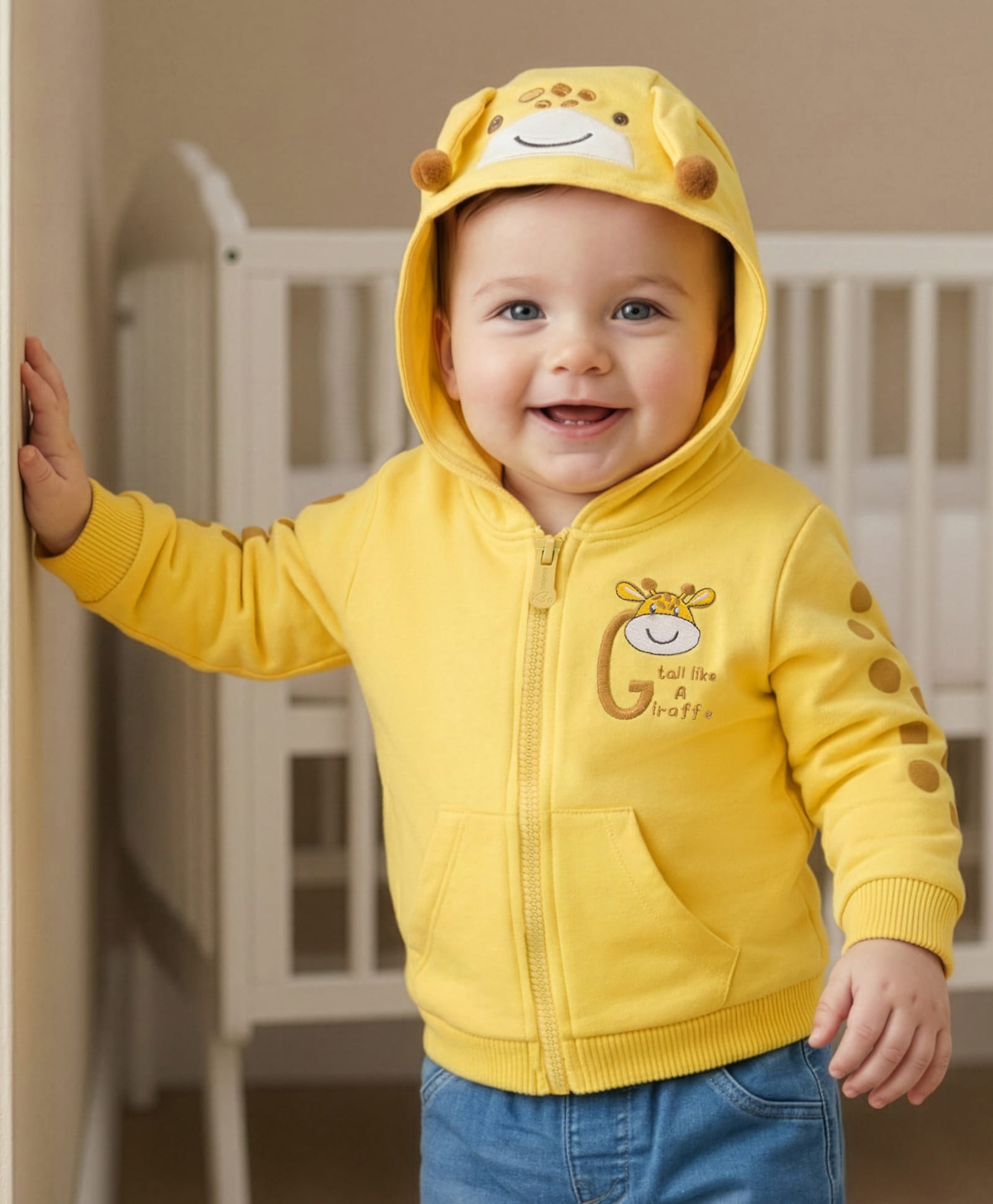 Babyoye 100% Cotton Knit Full Sleeves Hooded SweatJacket with Kangaroo Pocket Giraffe Graphic & Embroidery - Yellow-picture-10