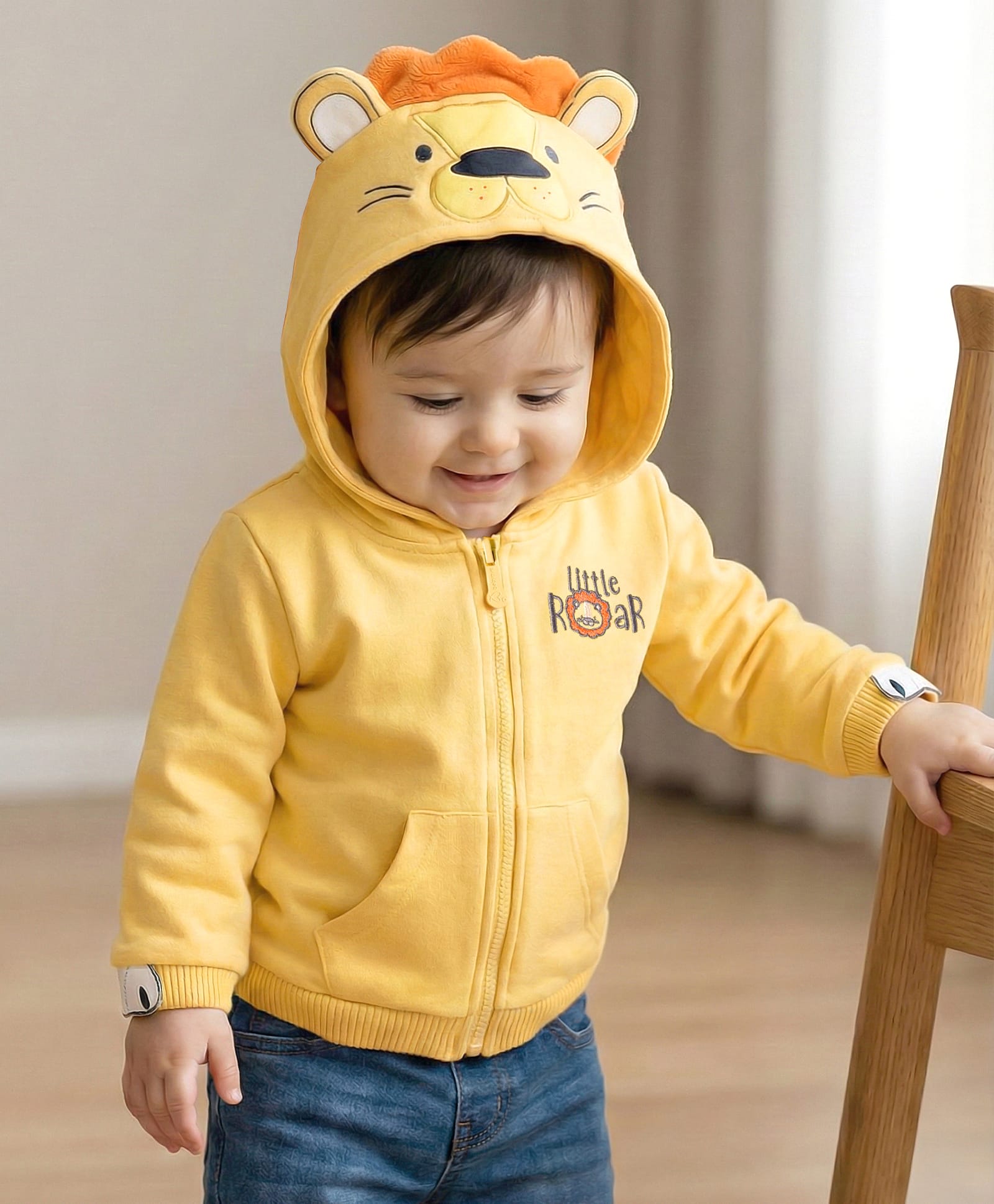 Babyoye Terry Knit Full Sleeves Hooded SweatJacket with Lion Embroidery & Ear Applique Kangaroo Pocket - Yellow-picture-24