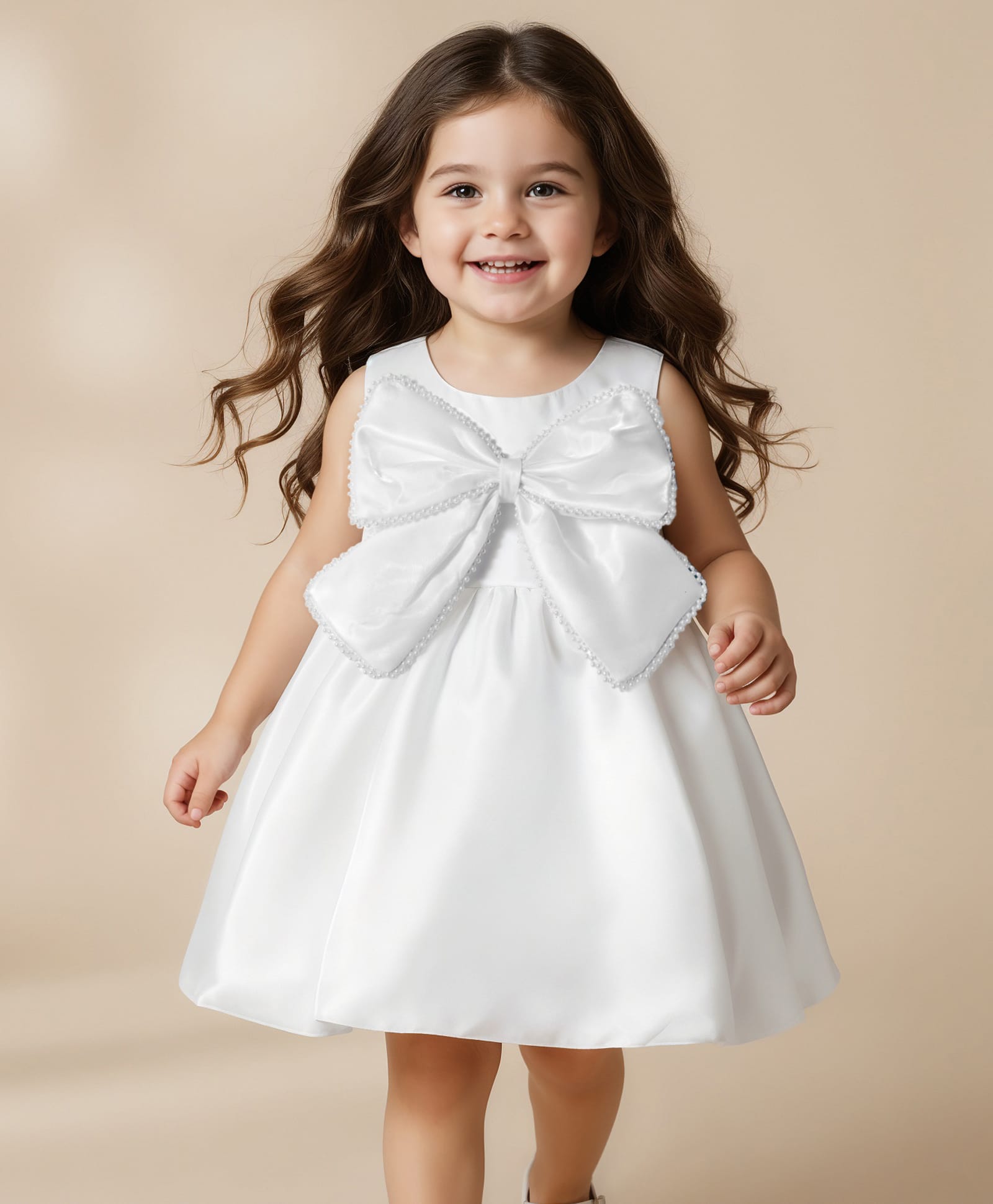 Babyhug Woven Sleeveless Solid Party Dress With Pearl Bow Appllique - White-image-16