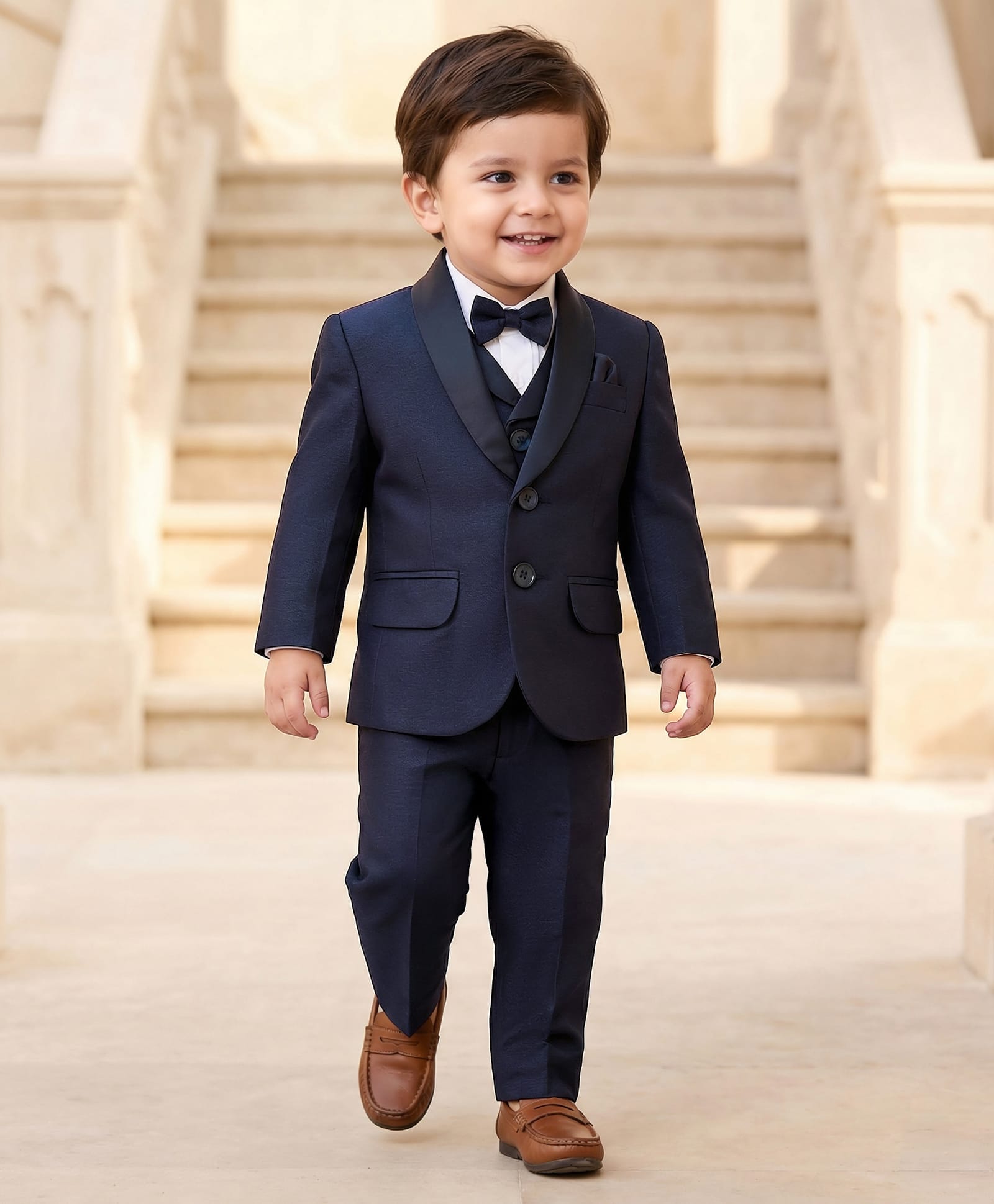 Babyhug Woven Four Piece Party Suit Set with Bow - Navy Blue-image-22