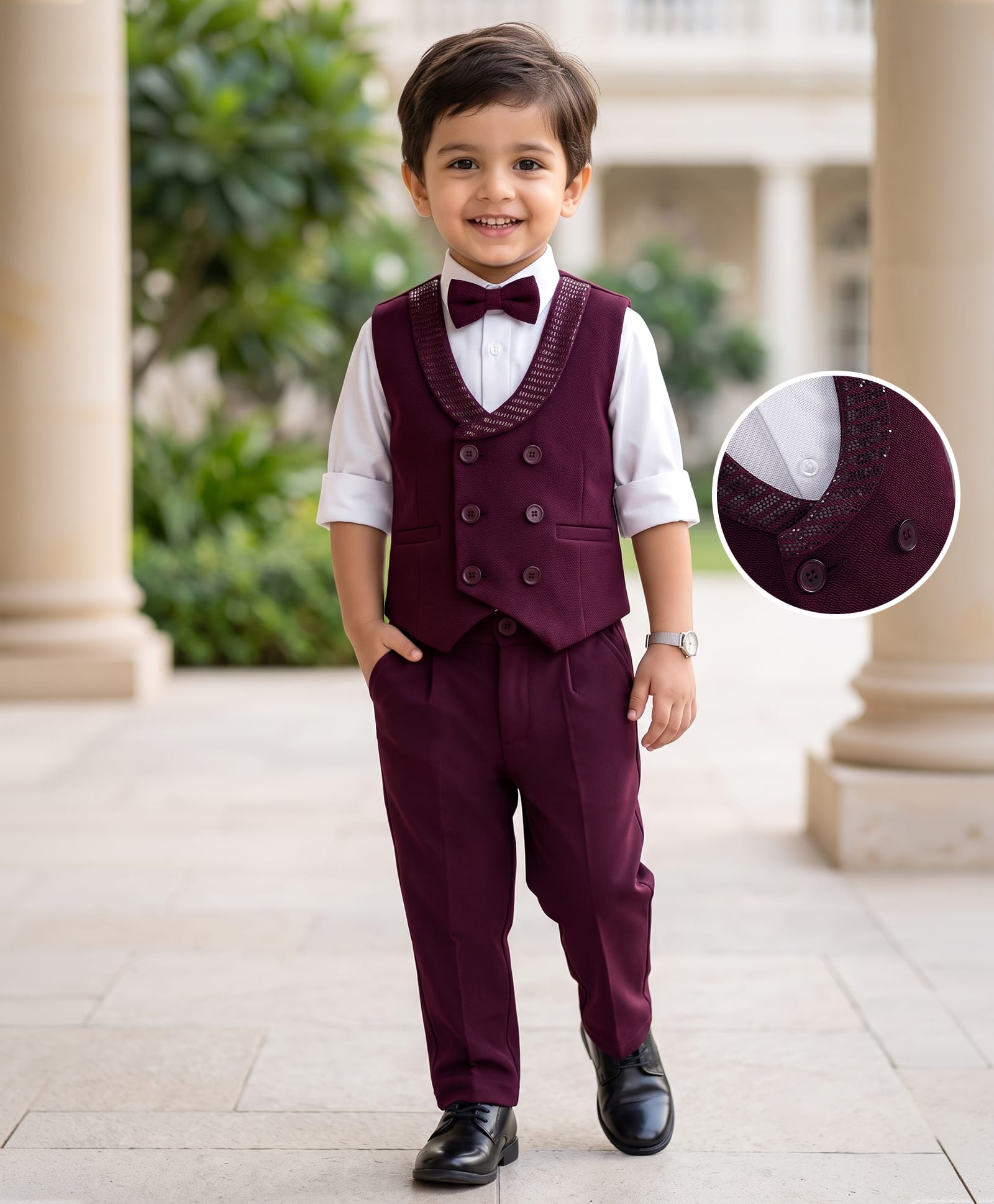 Babyhug Knit Full Sleeves Solid Color 3 Piece Party Suit with Bow - White & Wine-picture-29