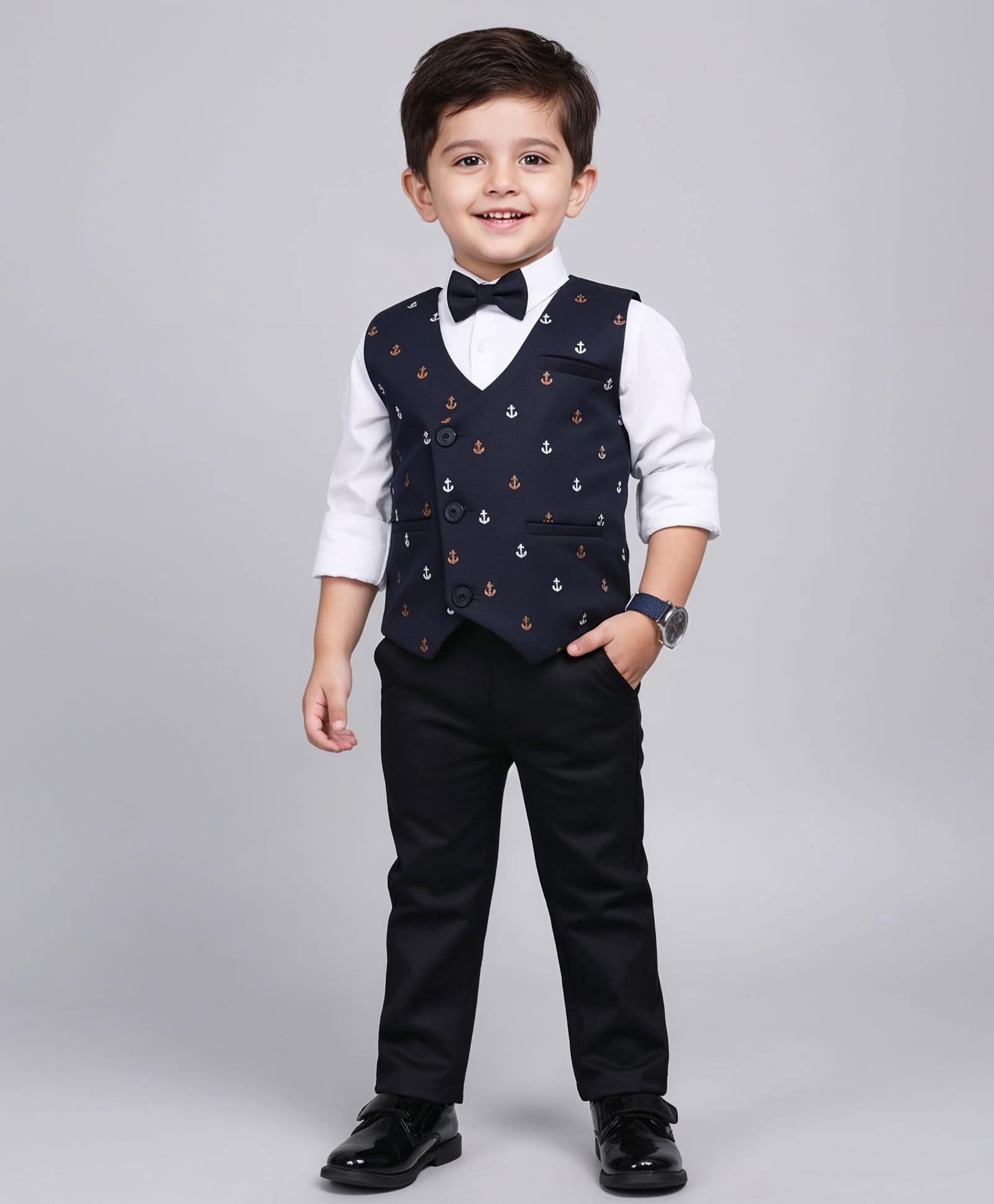 Babyhug Knit Full Sleeves 3 Piece Party Suit with Bow & Anchor Glitter Print - Navy Blue-image-37