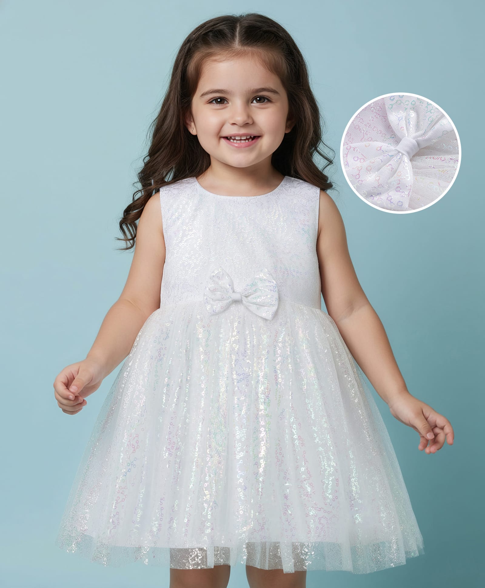 Babyhug Woven Sleeveless Mesh Party Dress with Sequin Detailing & Bow Applique - White-image-12