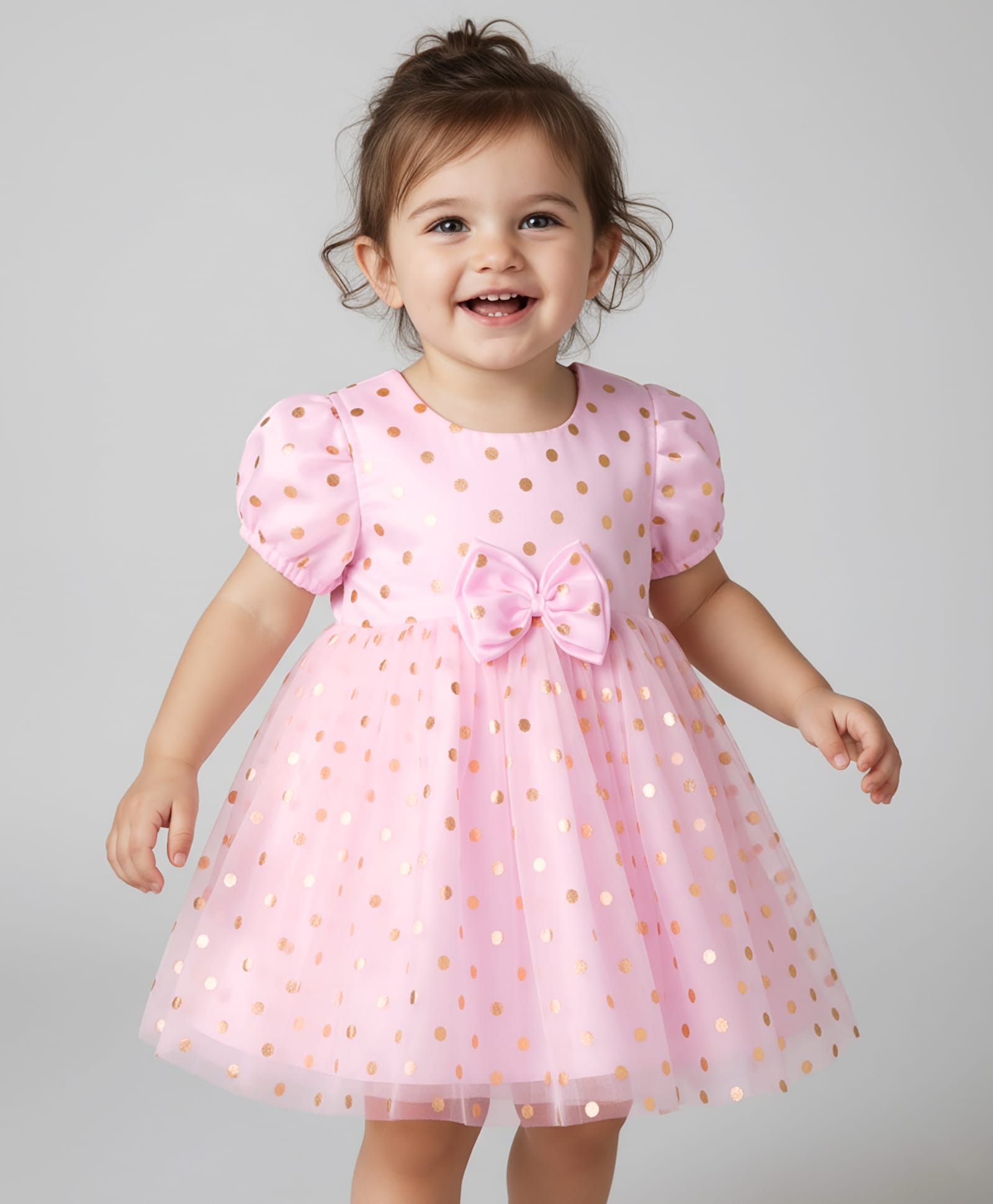 Babyhug Woven Half Puffed Sleeves Mesh Party Dress With Foil Polka Dot Print & Bow Applique - Pink-image-11
