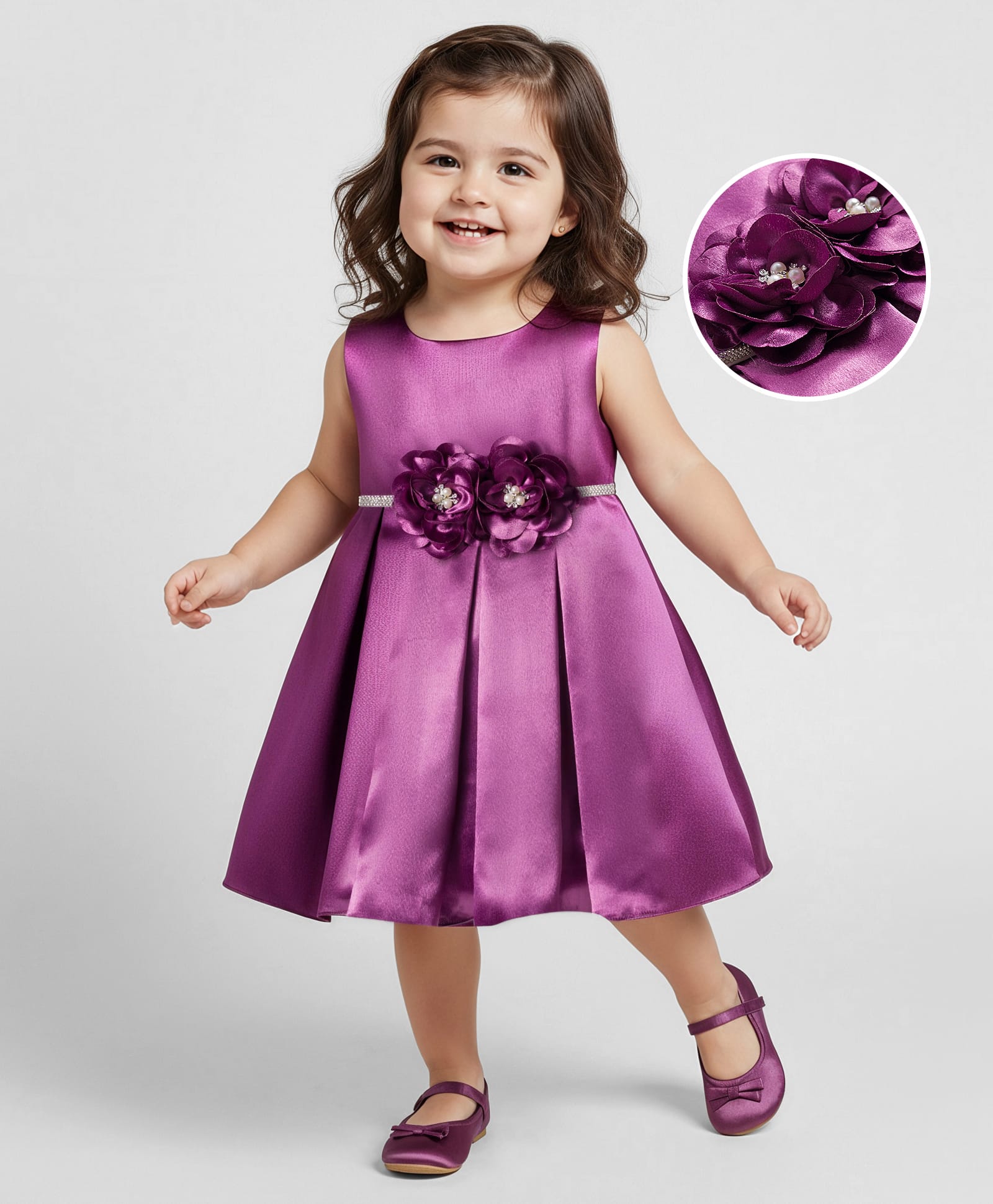 Babyhug Woven Sleeveless Pleated Party Dress With Floral Corsage - Purple-image-28