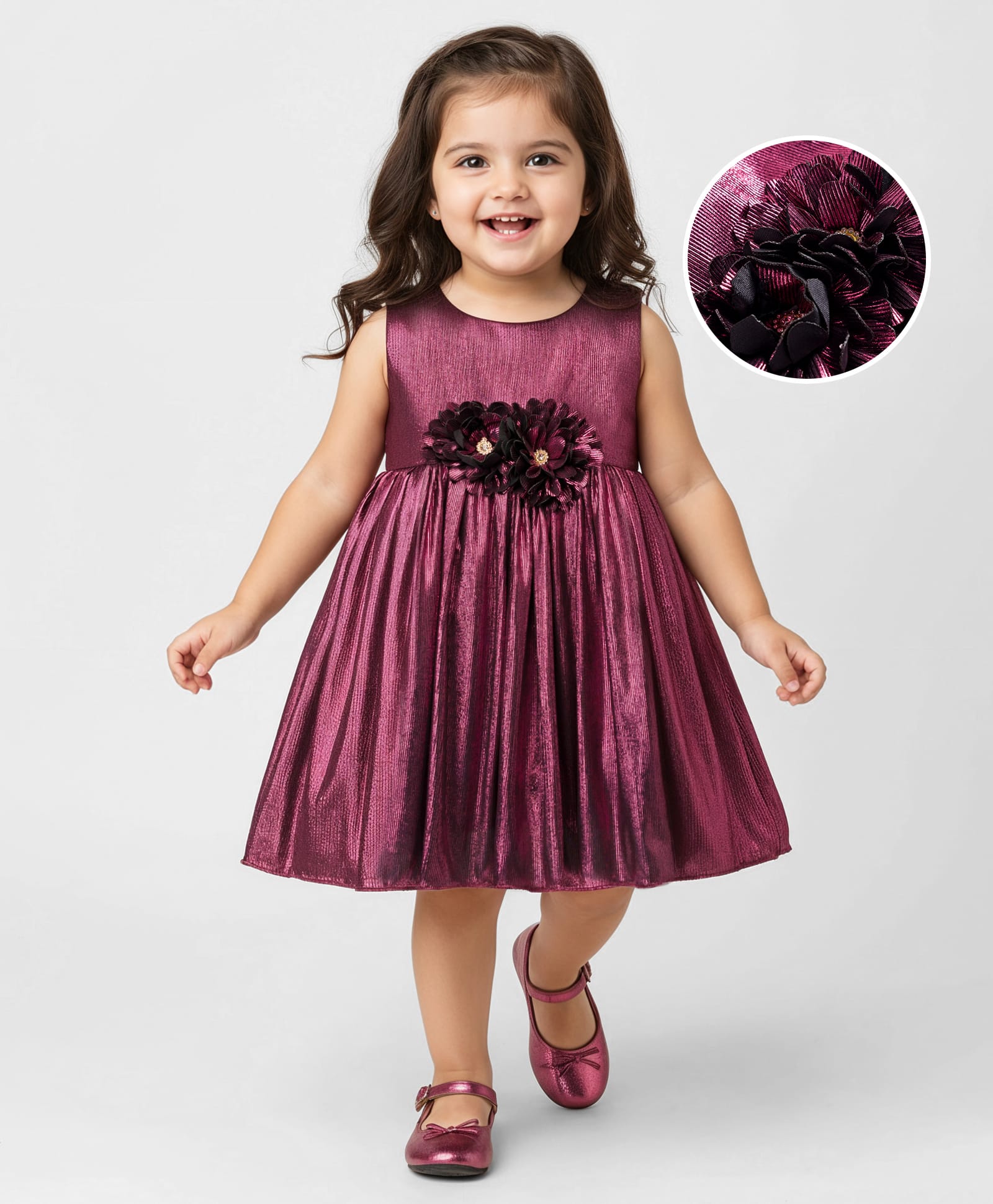 Babyhug Woven Partywear Sleeveless Fit and Flare Metallic Dress with Floral Applique - Maroon-image-6