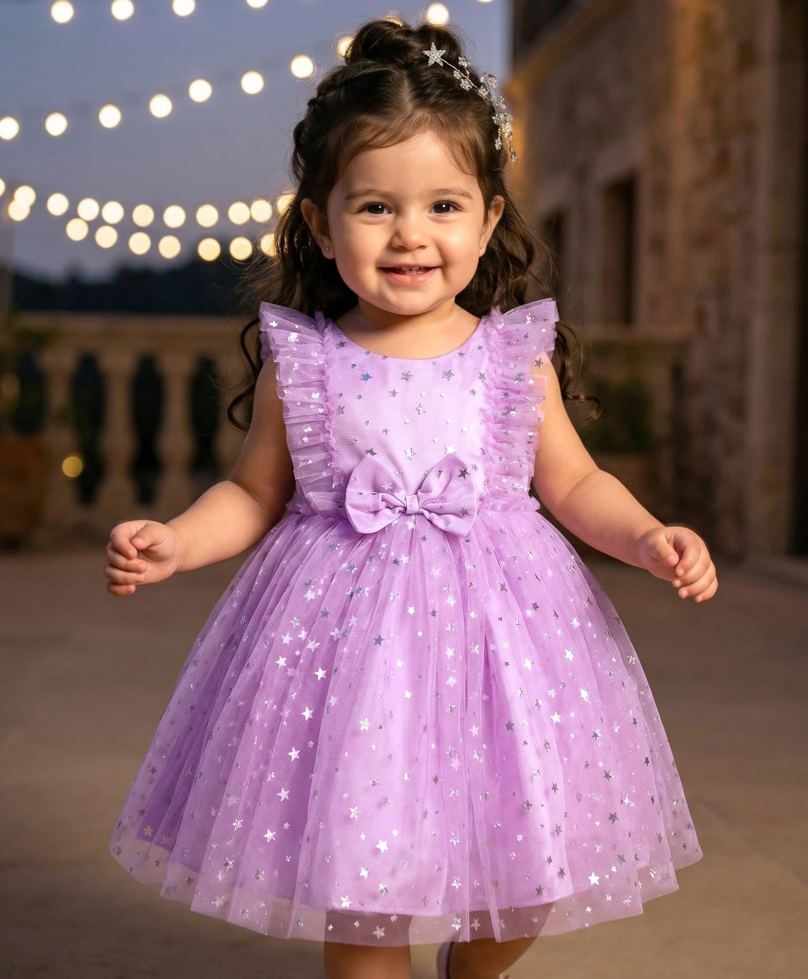 Babyhug Frill Sleeves Stars Foil Printed & Bow Detailing Fit & Flare Mesh Party Dress - Purple-image-8