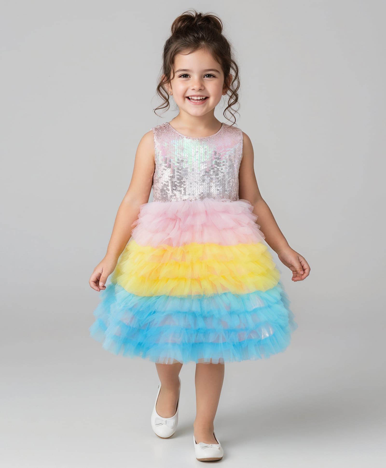 Babyhug Sleeveless Sequinned Yoked Fit and Flare Frilled Mesh Dress - Multicolor-picture-16