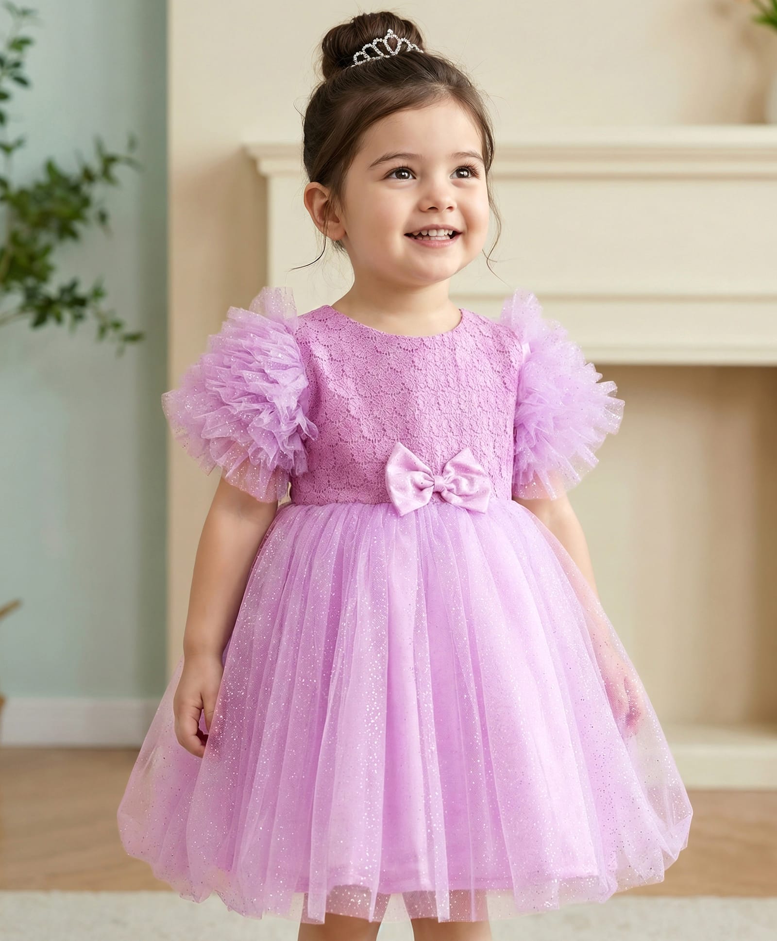 Babyhug Woven Frill Sleeves Mesh Party Dress with Bow Applique & Foil Print - Lavender-image-24