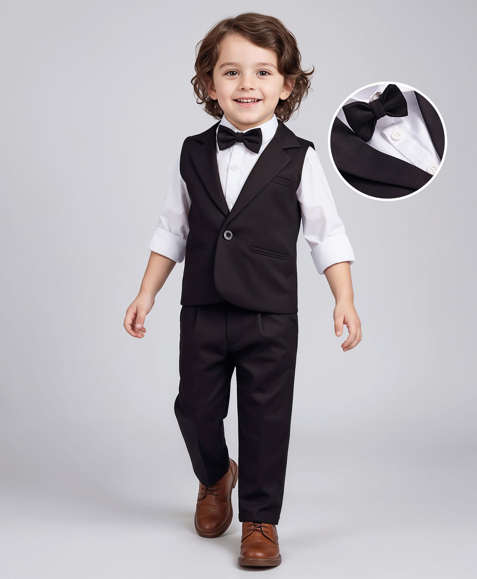 Babyhug Knit Full Sleeves Solid Color 3 Piece Party Suit with Bow - Black & White-picture-23