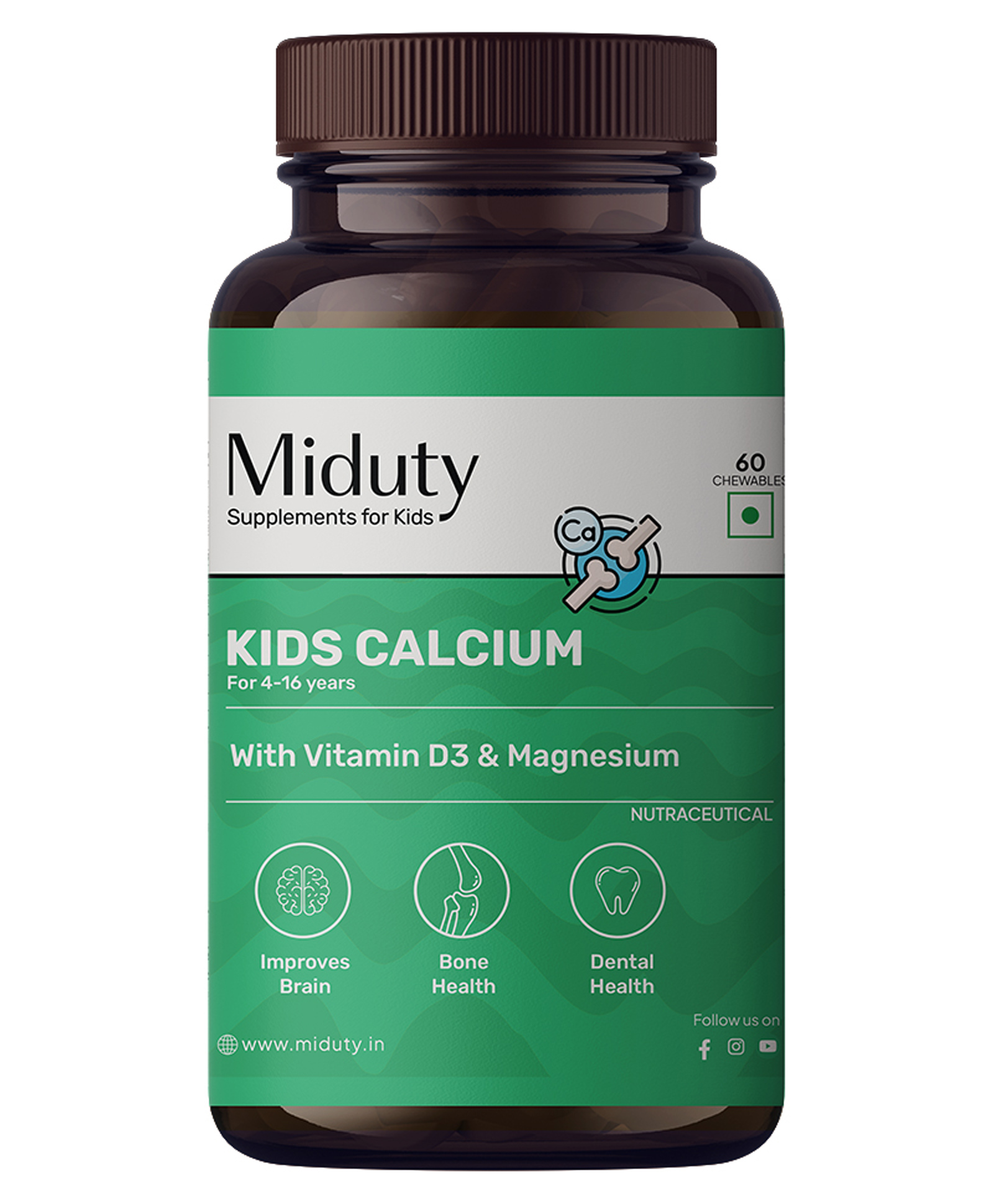 Miduty Kids Calcium - Vitamin D3 - Strong Bones - Immunity Support - Chewable Tablets - 60 Tabs-image-23