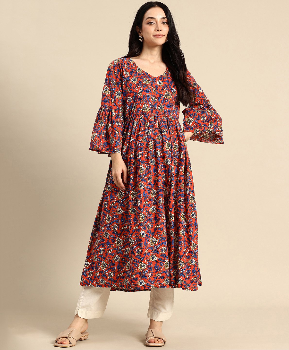 Blush 9 Cotton Woven Half Bell Sleeves Swirl Floral Printed Maternity Kurti With Concealed Zipper Nursing Access - Red-picture-24