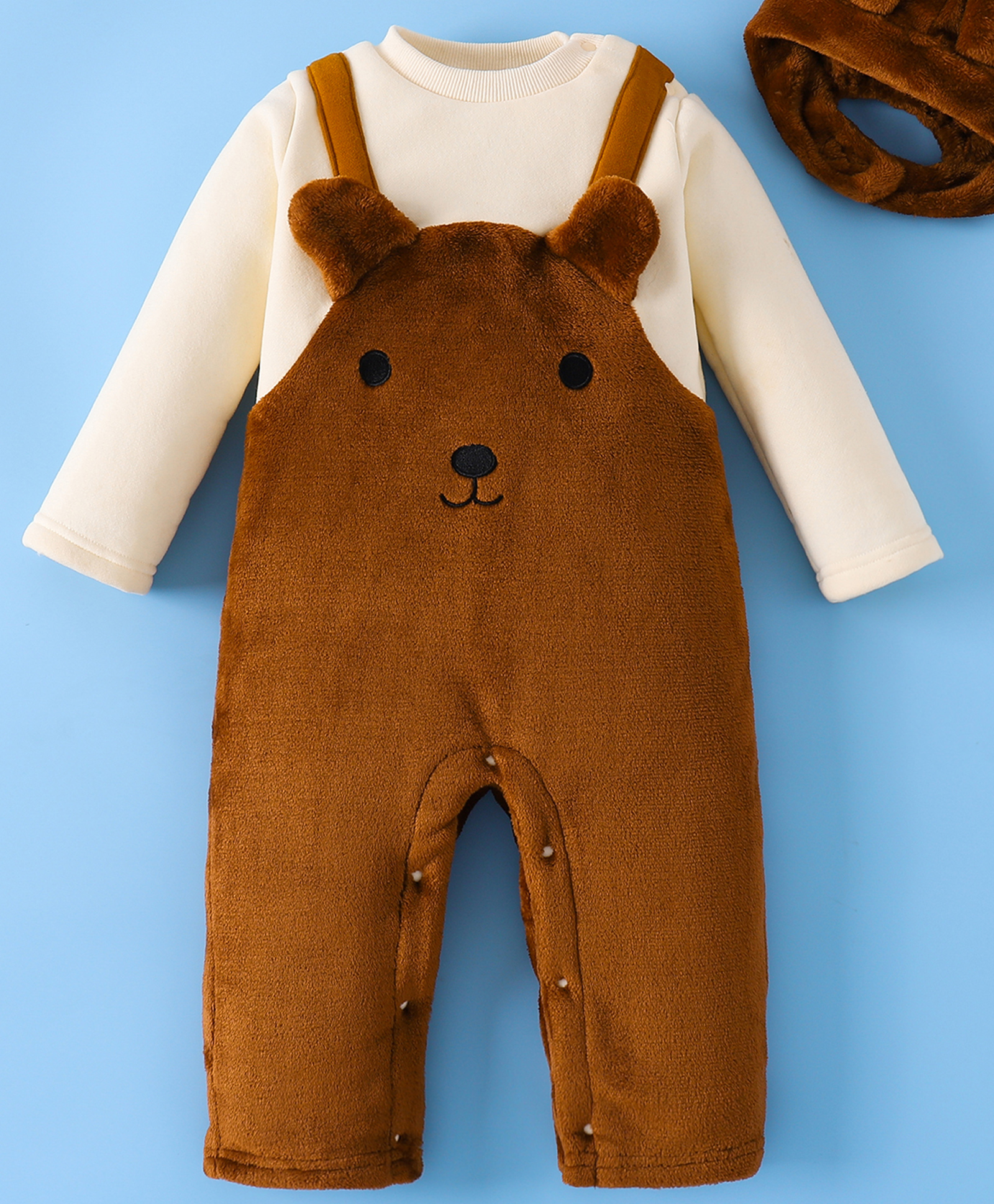 Mark & Mia Full Sleeves Winter Wear Romper & Cap with Animal Applique- Brown & Cream-picture-10