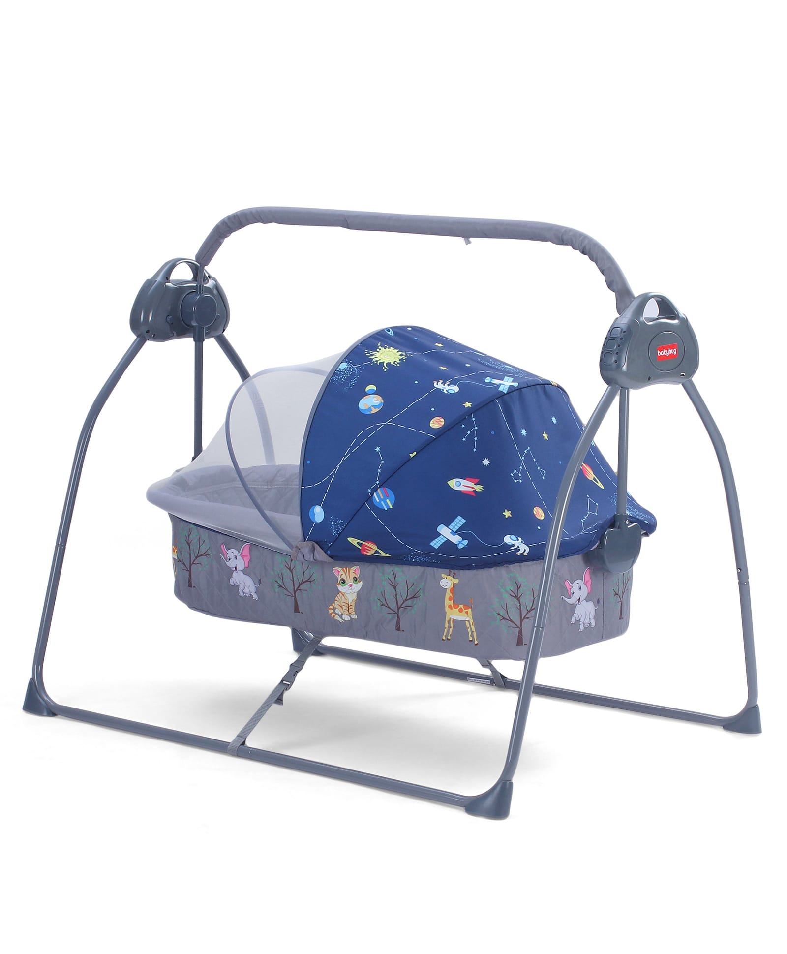 Babyhug Automatic Baby Swing Cradle With Remote Controller- Dark Grey| 5 Swing Speed| Quilted Bassinet| Works on Battery & Adapter| Pre-set Off Timer| In-built Music| Canopy Style Mosquito Net