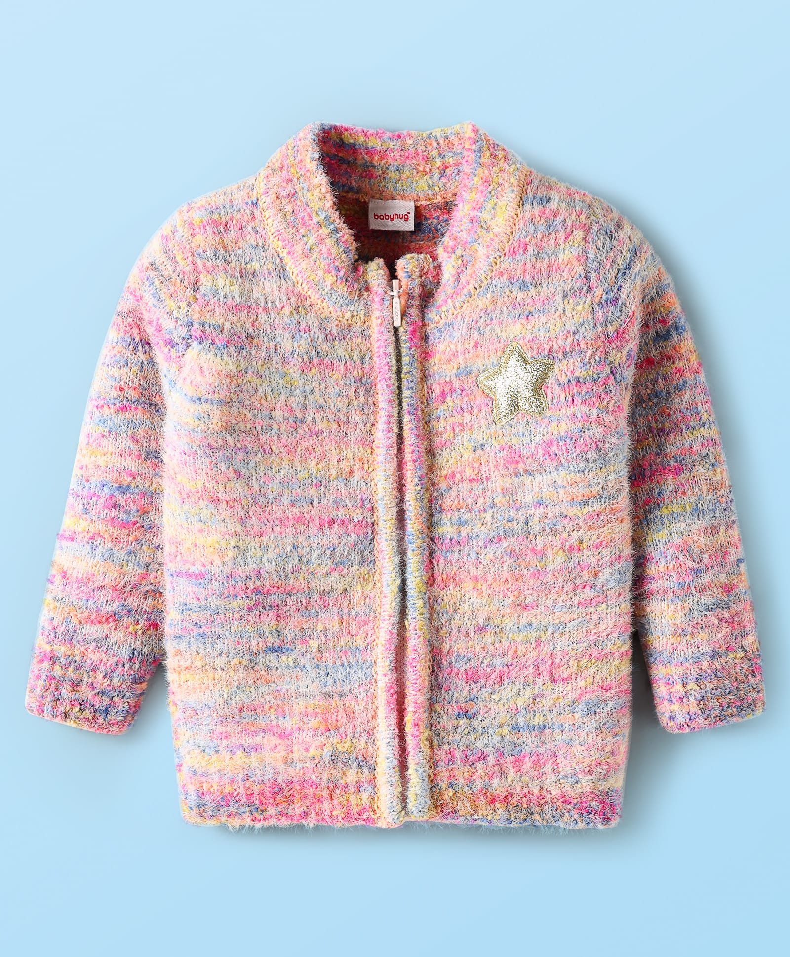 Babyhug Knitted Full Sleeves Front Open Sweater With Star Patch - Pink-picture-24