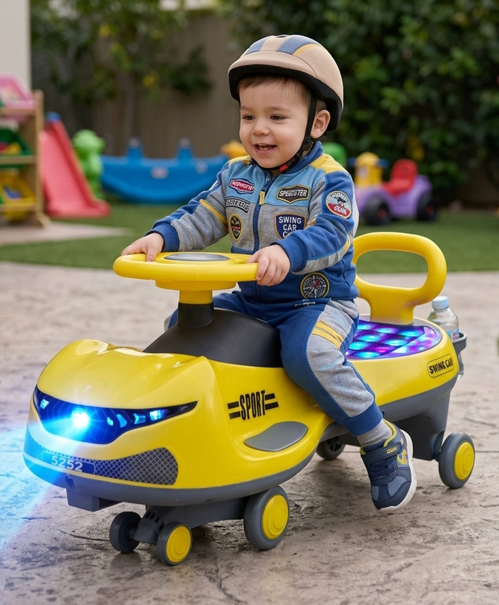 JoyRide SPORTS DLX Light-Up Magic Car Easy Glide Ride-On Toy for Kids LED Lights, Music & 360° Swivel Wheels Push Swing Car for Indoor Outdoor Fun - Yellow-image-22