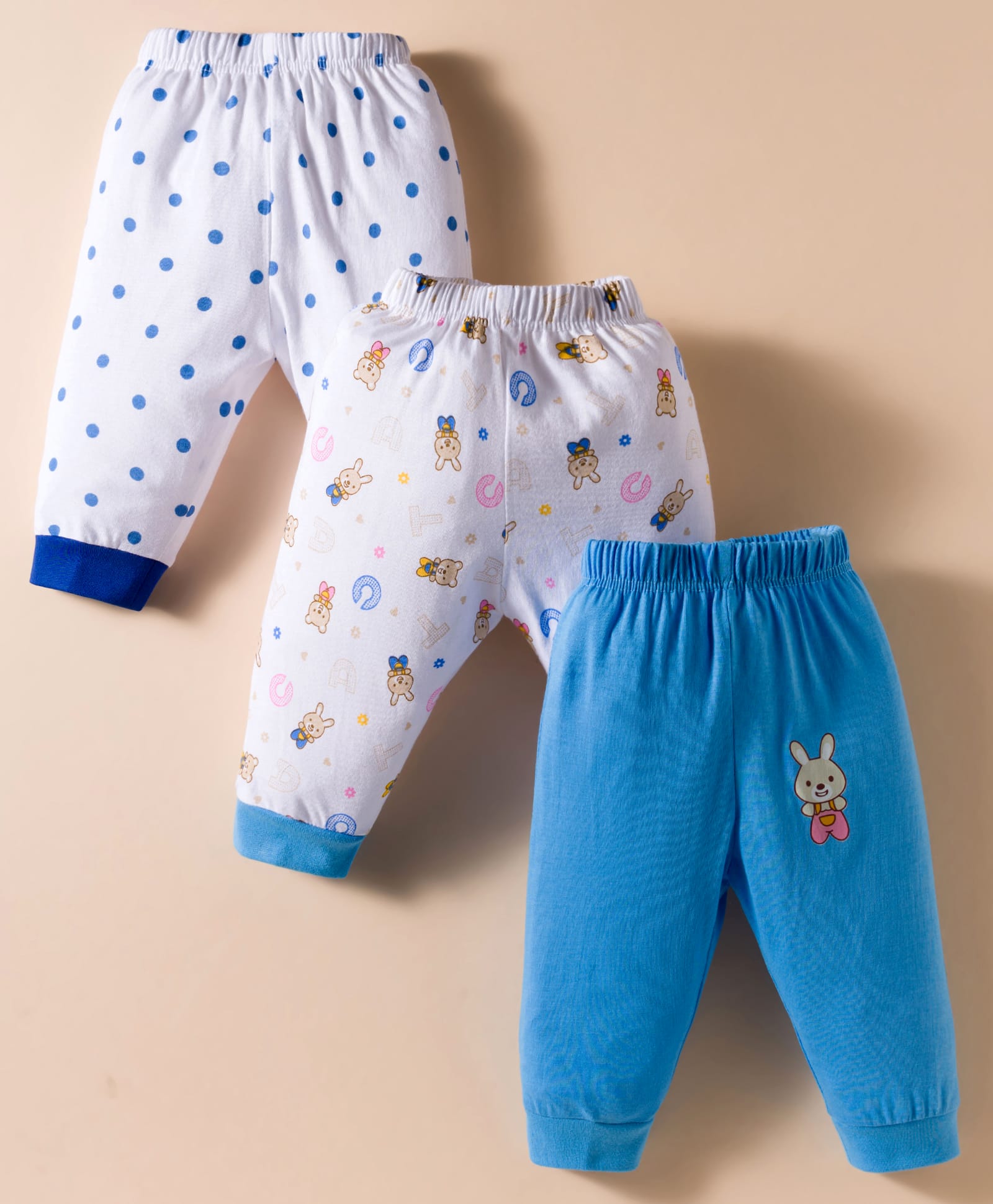 Child World Sinker Knit Full Length Lounge Pant With Polka Dots & Animal Print Pack Of 3 - Blue & White-picture-31