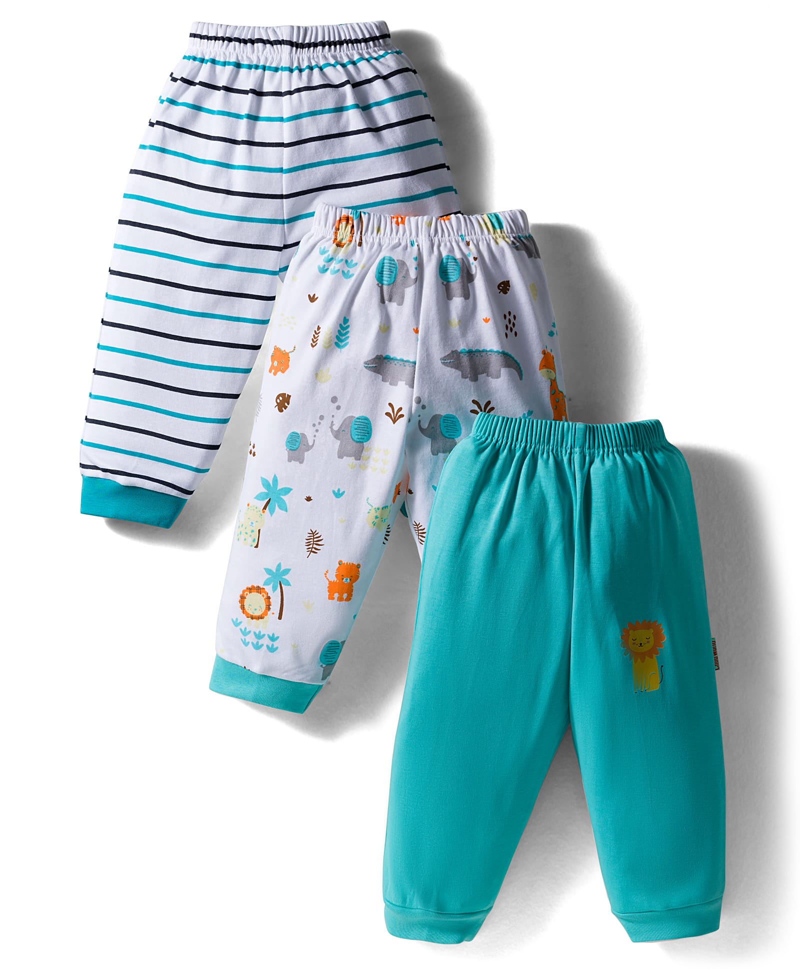 Child World Interlock Knit Full Length Lounge Pant with Stripes & Animal Print Pack of 3 - White & Sea Green-image-15