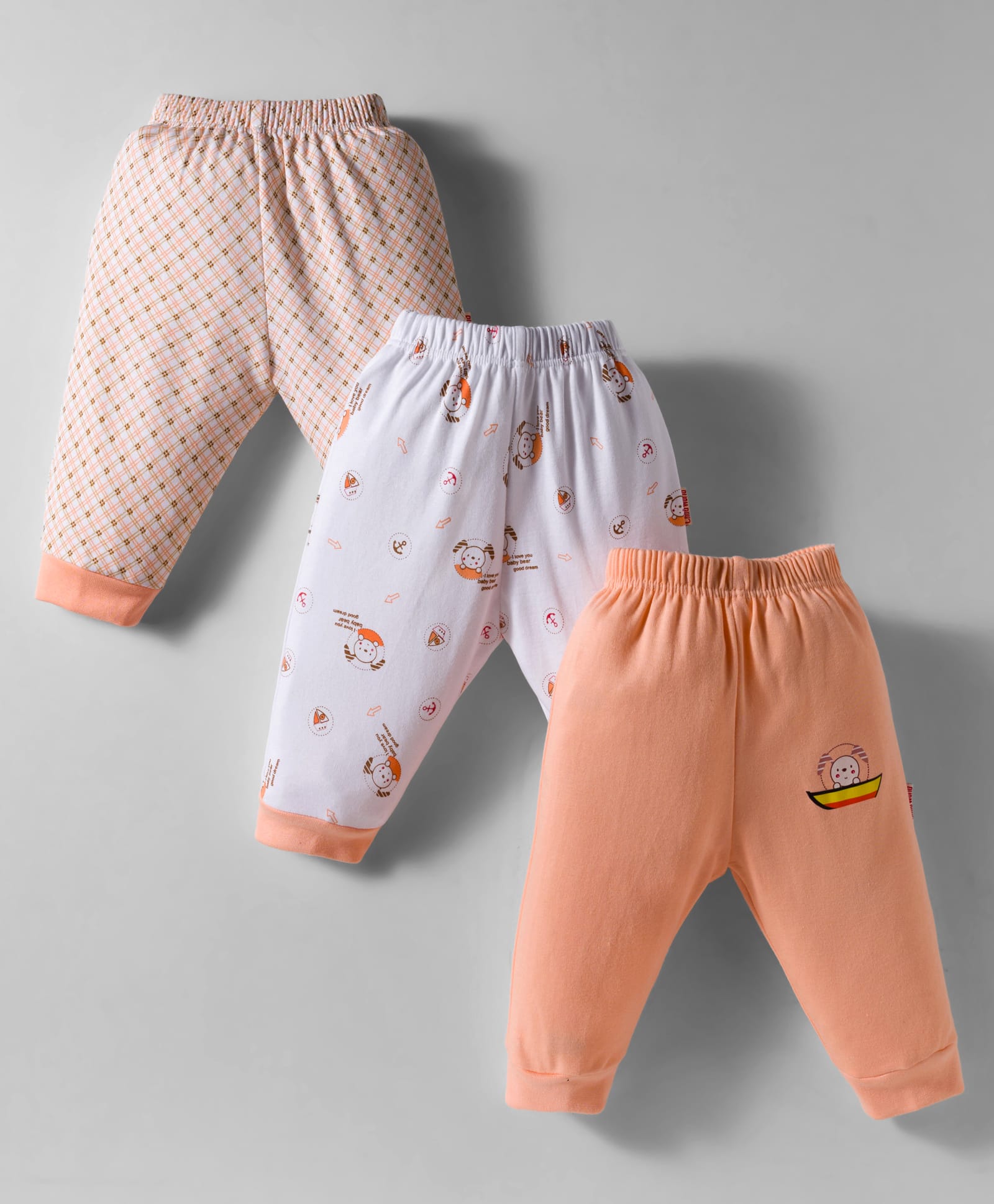 Child World Interlock Knit Full Length Lounge Pant With Animal Print Pack Of 3 - White & Orange-picture-34
