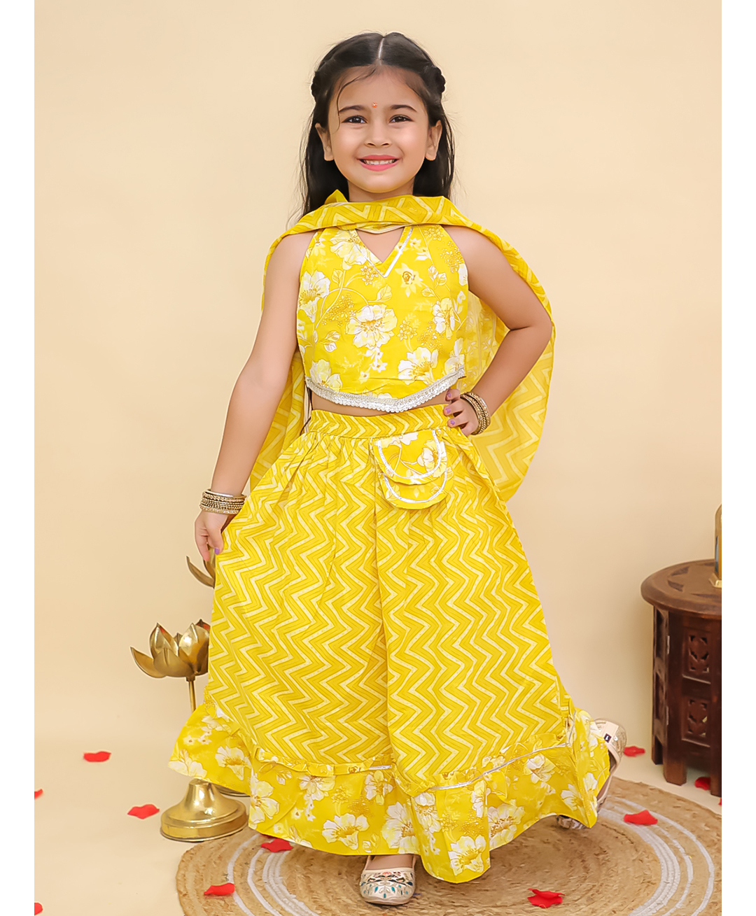 AJ Dezines Cotton Woven Sleeveless Chevron & Floral Printed Lehenga Choli With Dupatta Set - Yellow-picture-10