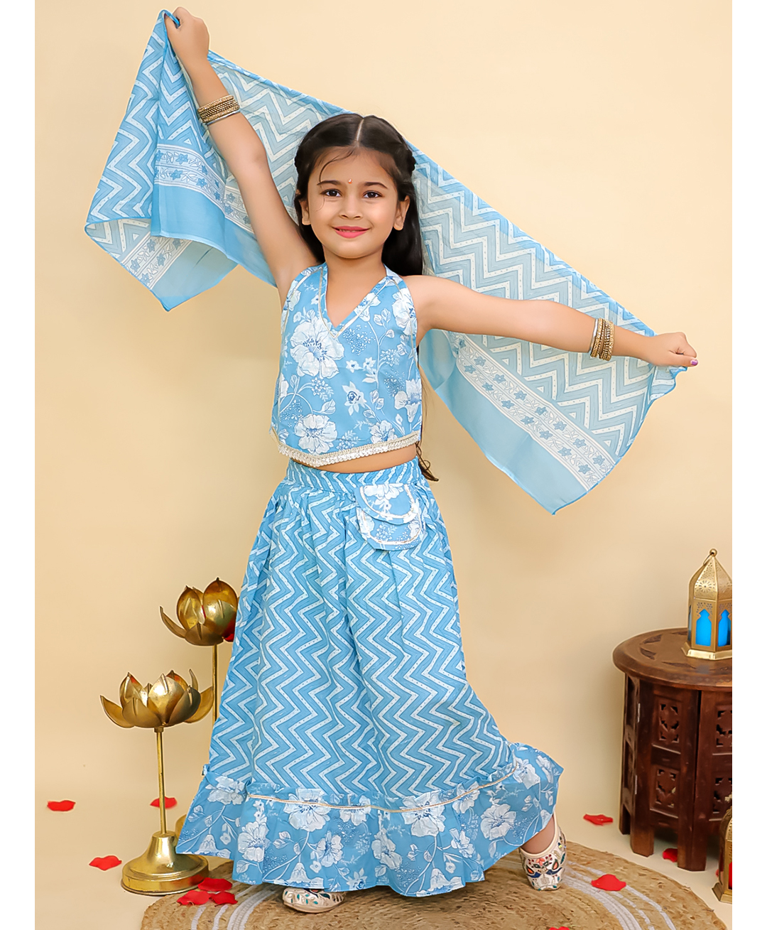 AJ Dezines Cotton Woven Sleeveless Chevron & Floral Printed Lehenga Choli With Dupatta Set - Blue-picture-13