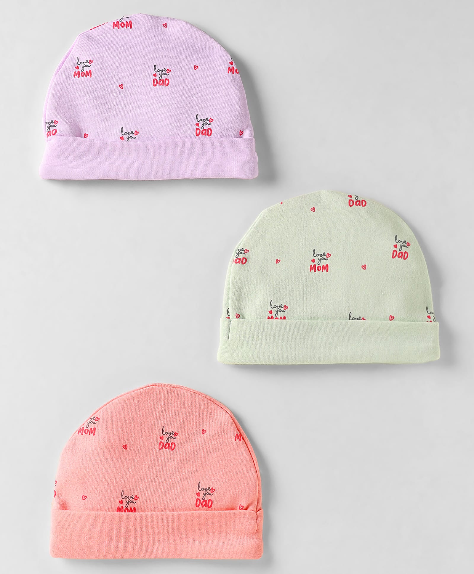 Simply Interlock Knit Caps with Text Print Pack of 3 Dark Peach Light Green & Lilac - Diameter 9.5 cm-picture-22