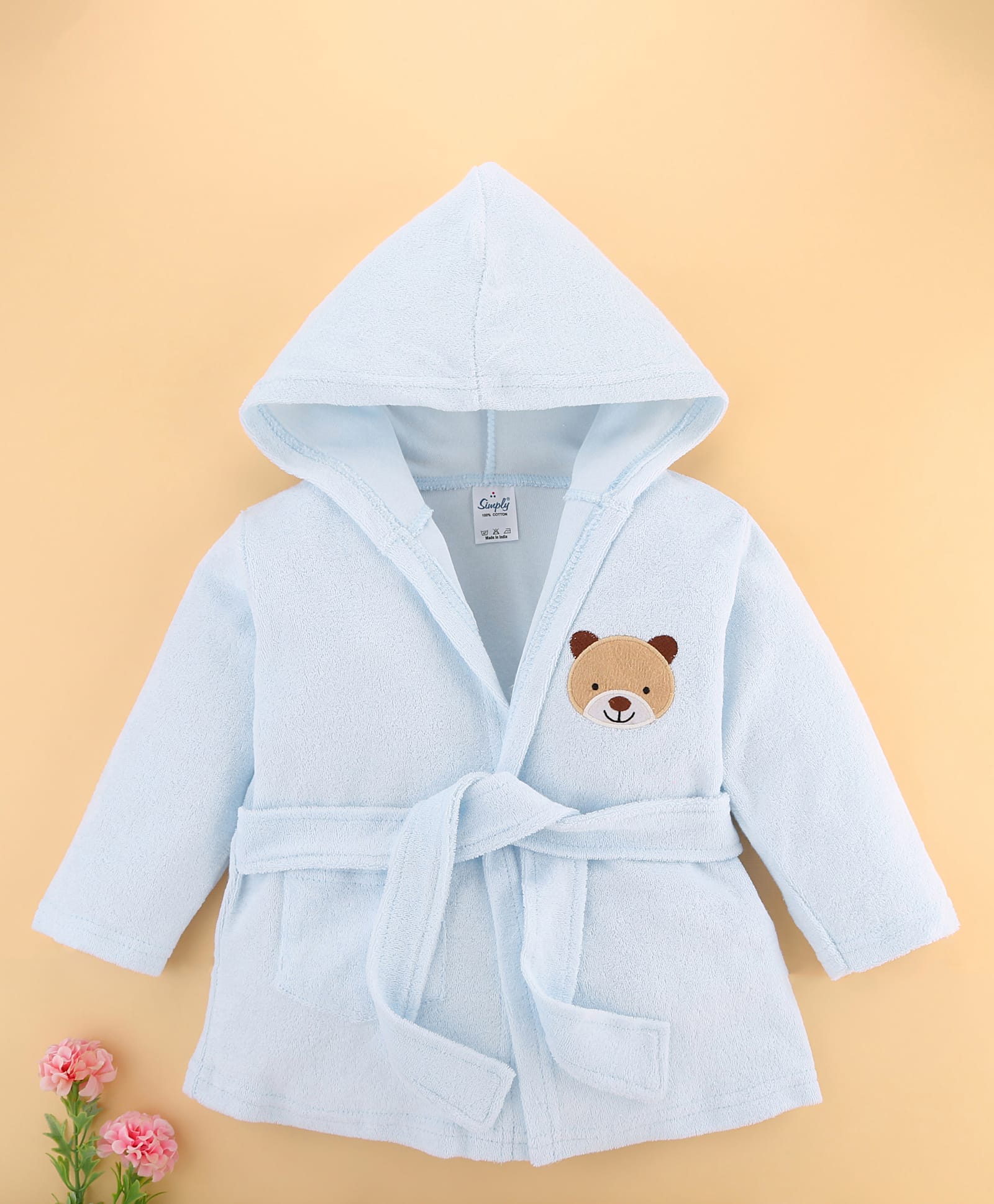 Simply Terry Knit Full Sleeves Hooded Bath Robe with Teddy Bear Print - Light Blue-image-47