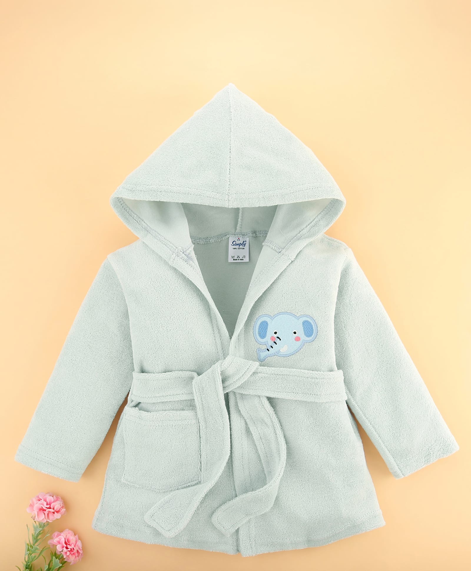 Simply Terry Knit Full Sleeves Bath Robe with Elephant Print - Light Grey-image-8